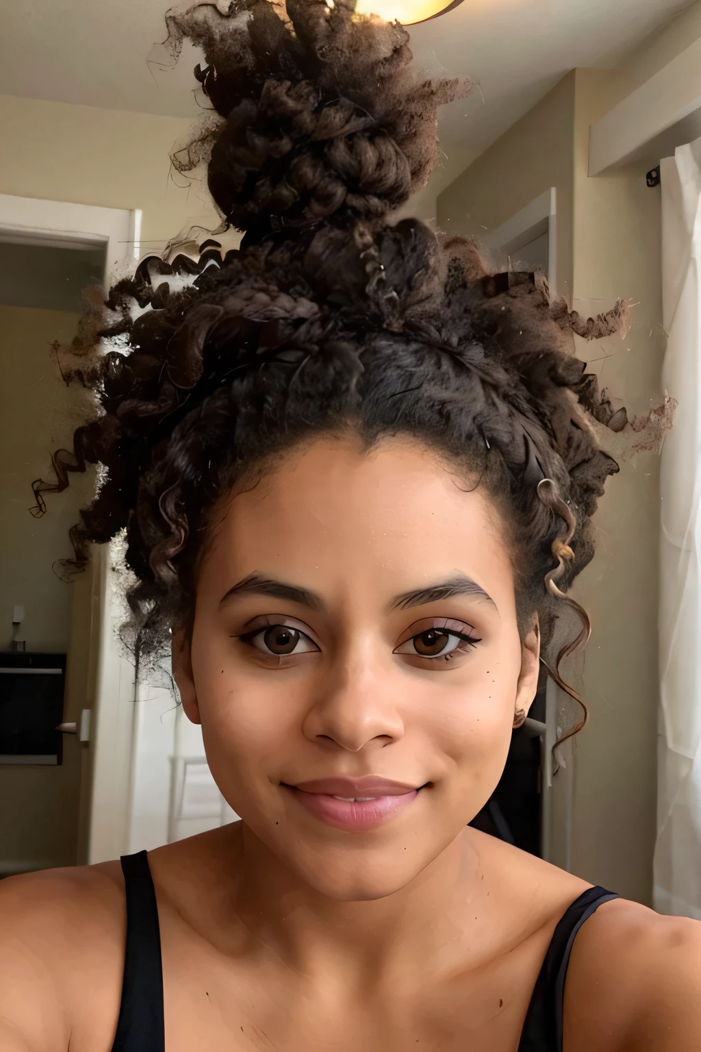 photo of beautiful caucasian woman, zazie photorealistic selfie, up, afro bun, absurdres, informal, home