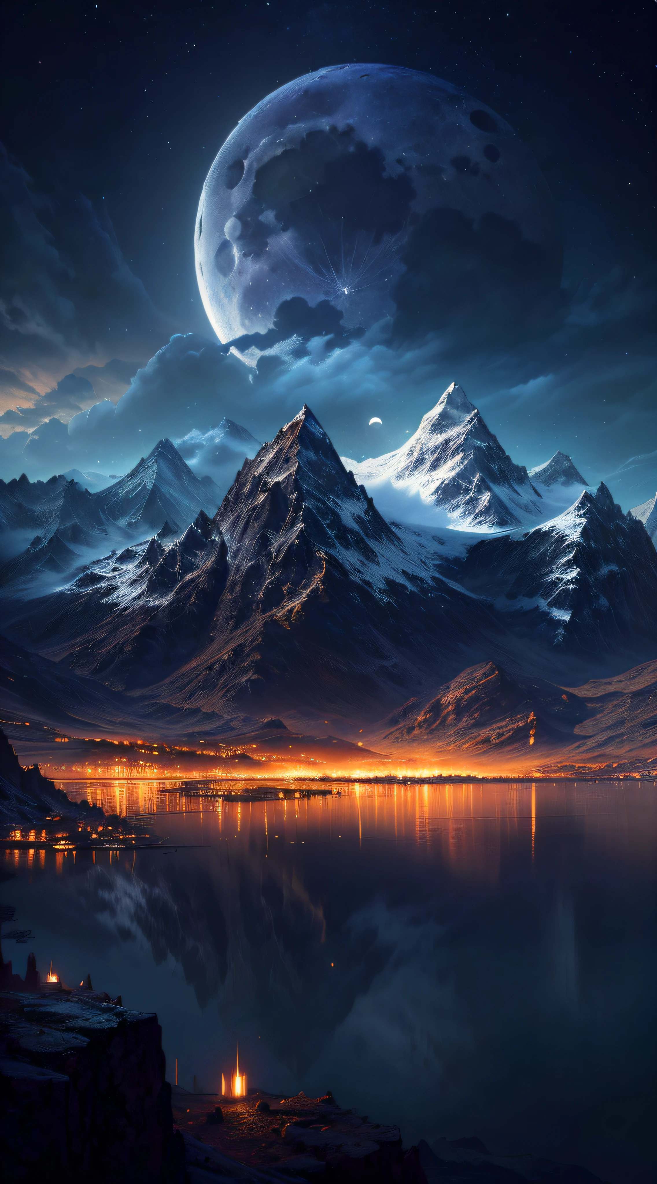 mountains and a lake with a moon in the sky, 4k highly detailed digital art, 4 k hd wallpaper very detailed, impressive fantasy landscape, sci-fi fantasy desktop wallpaper, unreal engine 4k wallpaper, 4k detailed digital art, sci-fi fantasy wallpaper, epic dreamlike fantasy landscape, 4k hd matte digital painting, 8k stunning artwork