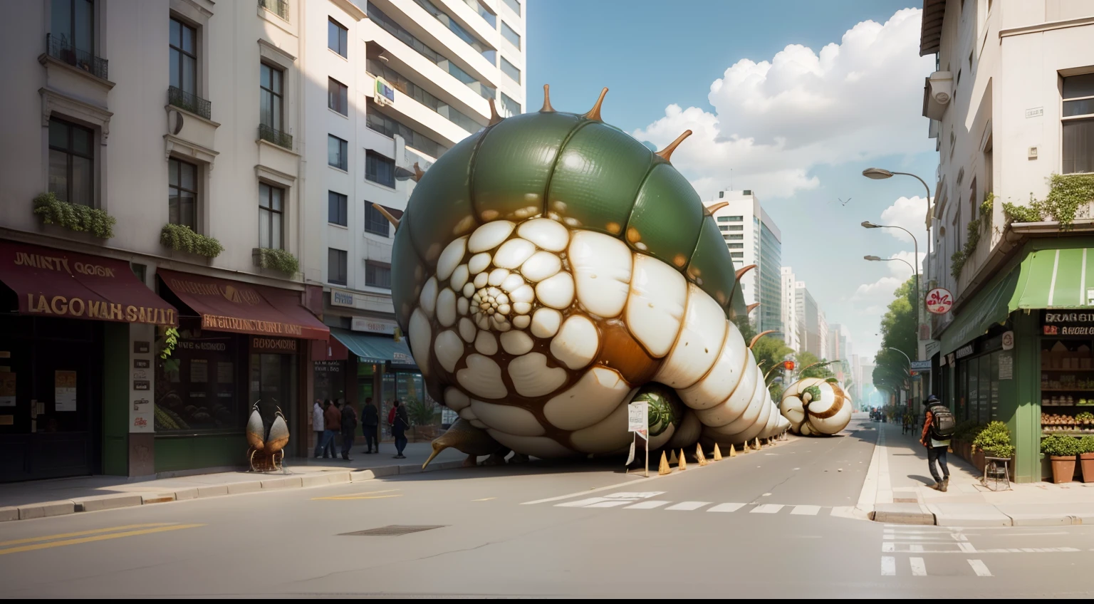 Giant snails attack big cities，Above billboards on the wall, The doorways of the shops on the street are densely packed with huge snails，Leaves traces of mucus，Realistic cinematic effects，detail-rich，realisticlying