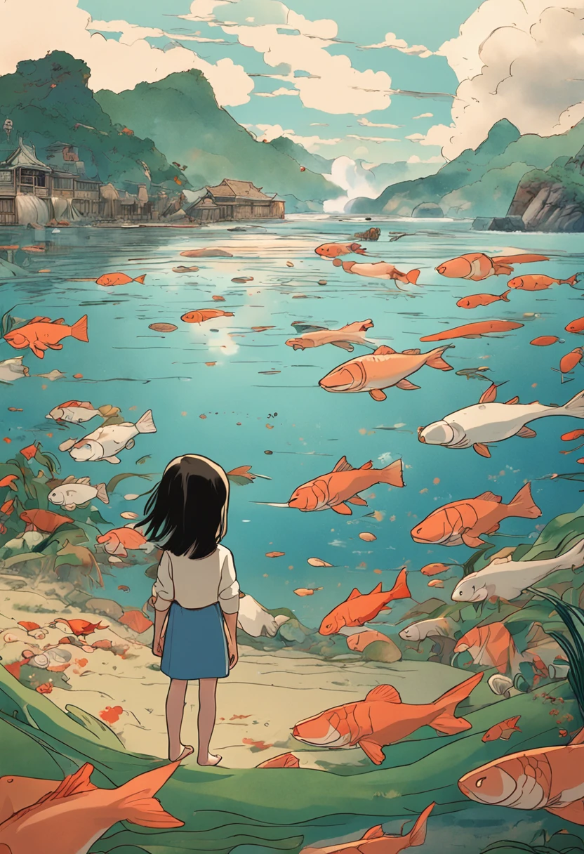 movie picture quality，Hayao Miyazaki animation，Miyazaki animation style，Miyazaki film animation，3D movies，China-style， girl with short braids standing in front of a huge koi，swell sea，depth of fields，high light，Real light，Ray traching，oc rendered，Hyper-realistic，best qualtiy，8K，Works of masters，super-fine，Detailed pubic hair，Correct anatomy，sharp focus on eyes，Bokeh，Facial features are carefully depicted