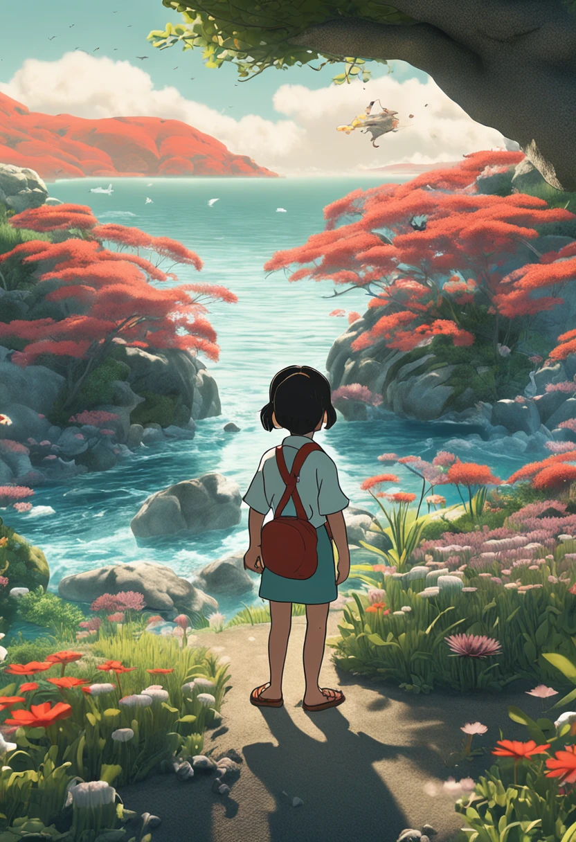 movie picture quality,Hayao Miyazaki animation,Miyazaki animation style,Miyazaki film animation,3D movies,China-style,Little girl with short braids standing in front of a huge koi,swell sea,depth of fields,high light,Real light,Ray traching,oc rendered,Hyper-realistic,best qualtiy,8K,Works of masters,super-fine,Detailed pubic hair,Correct anatomy,sharp focus on eyes,Bokeh,Facial features are carefully depicted