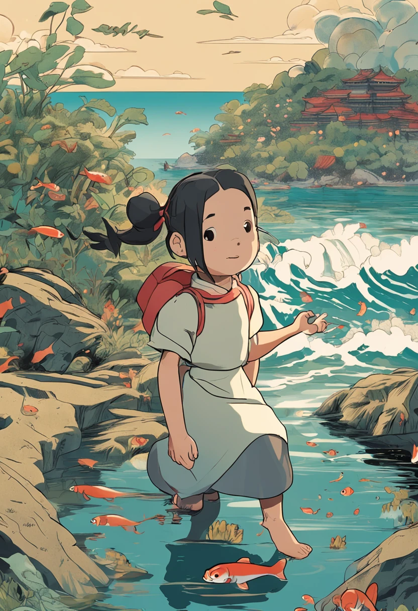 movie picture quality,Hayao Miyazaki animation,Miyazaki animation style,Miyazaki film animation,3D movies,China-style, girl with short braids standing in front of a huge koi,swell sea,depth of fields,high light,Real light,Ray traching,oc rendered,Hyper-realistic,best qualtiy,8K,Works of masters,super-fine,Detailed pubic hair,Correct anatomy,sharp focus on eyes,Bokeh,Facial features are carefully depicted