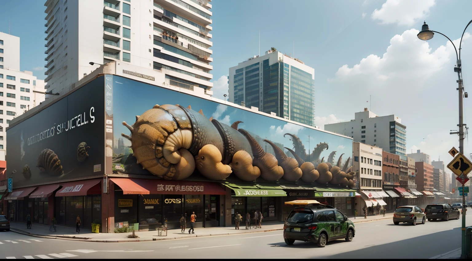 Giant snails attack big cities,Above billboards on the wall, The doorways of the shops on the street are densely packed with huge snails,Leaves traces of mucus,Realistic cinematic effects,detail-rich,realisticlying