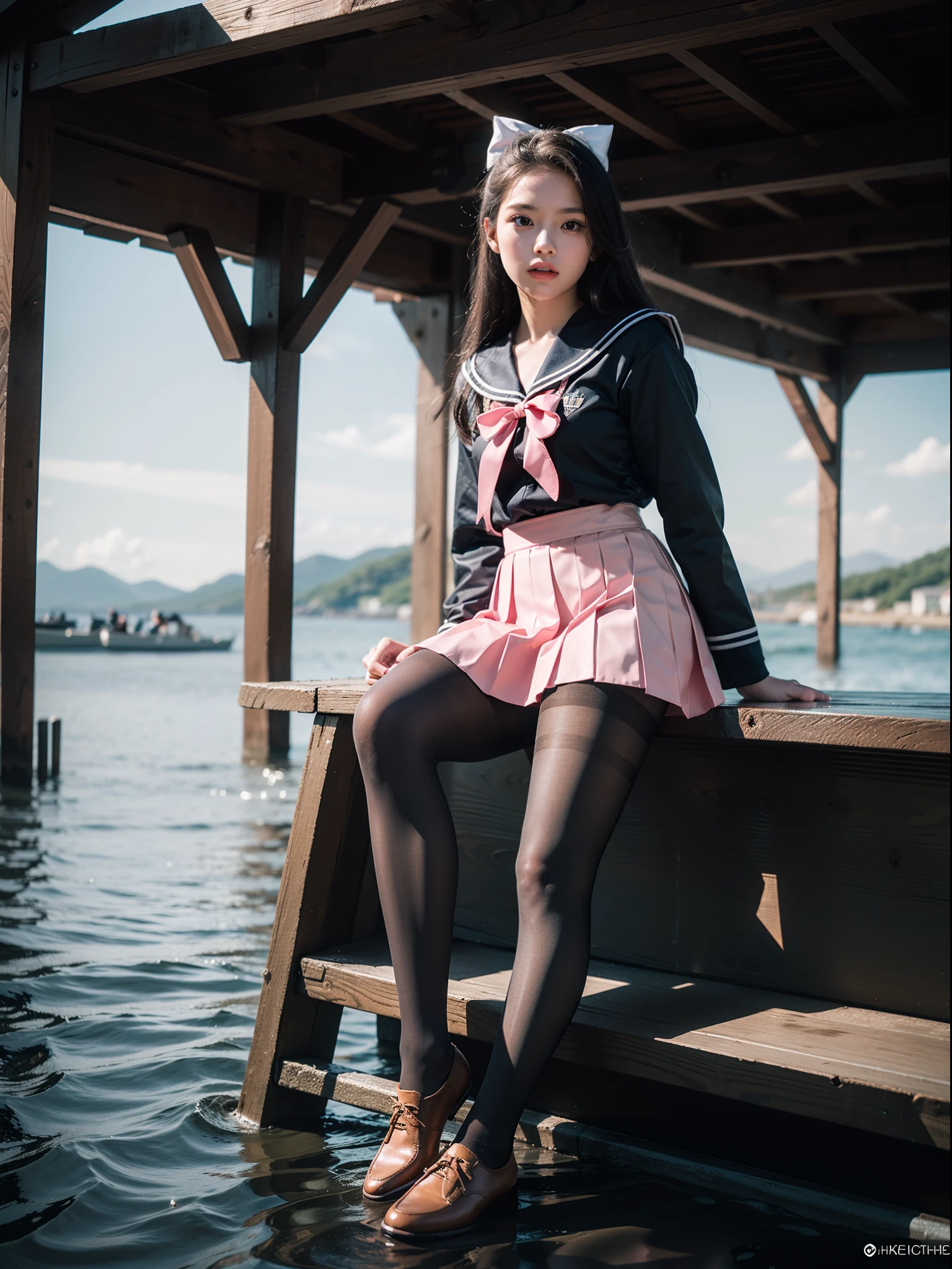 (full body:1.5),(1girl:1.3),(view the viewer:1.4),(anatomy correct:1.3),(Sitting on the sea:1.2),(A pink and blue Sailor suit and pleated skirt :1.2),(Tan Pantyhose:1.3),( JK uniform small leather shoes with bows for female students:1.1),(Accurate and perfect face:1.3),hyper HD, Ray traching, reflective light, structurally correct, Award-Awarded, high detail, lighten shade contrast, Face lighting ,cinematic lighting, masterpiece, super detailing, high quality, high detail, best quality, 16k,High contrast,