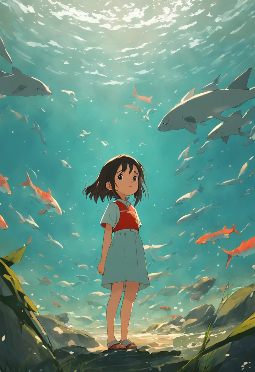movie picture quality，Hayao Miyazaki animation，Miyazaki animation style，Miyazaki film animation，3D movies，China-style，Little girl with short braids standing in front of a huge koi，swell sea，depth of fields，high light，Real light，Ray traching，oc rendered，Hyper-realistic，best qualtiy，8K，Works of masters，super-fine，Detailed pubic hair，Correct anatomy，sharp focus on eyes，Bokeh，Facial features are carefully depicted