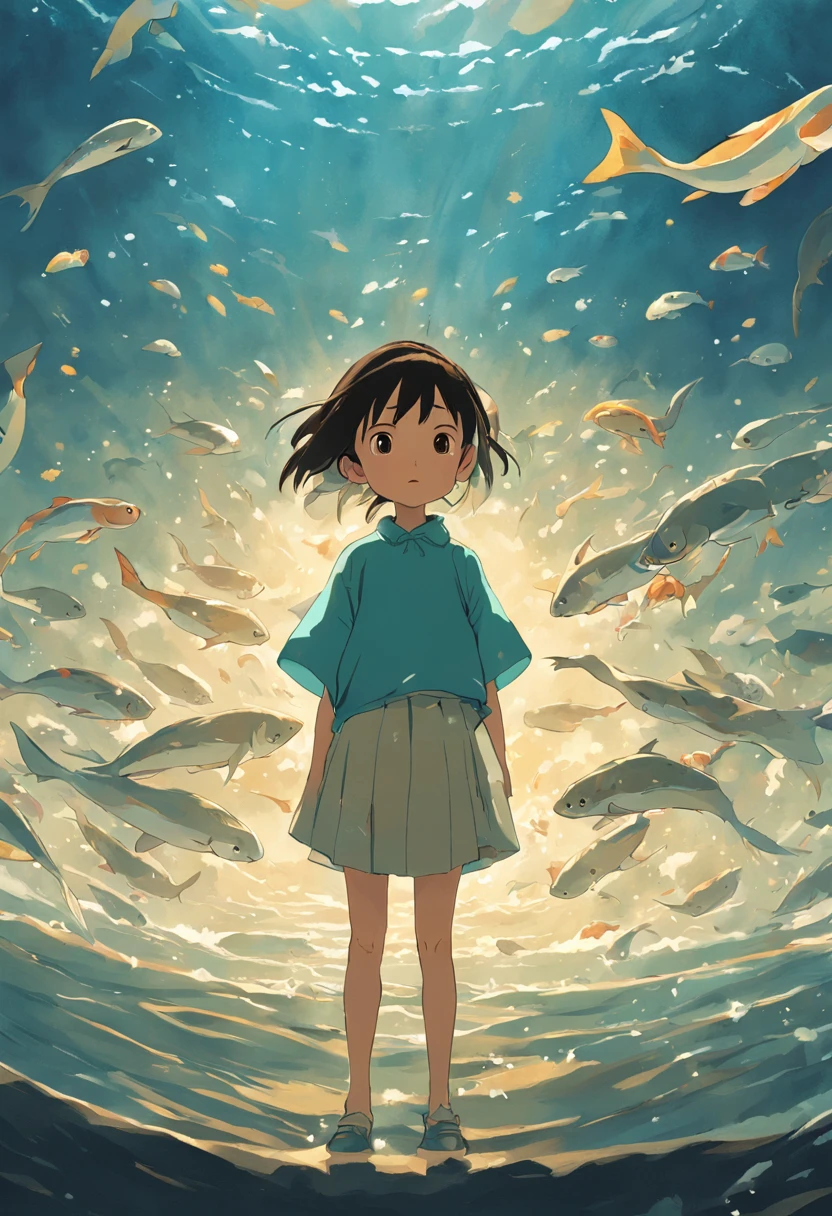 movie picture quality,Hayao Miyazaki animation,Miyazaki animation style,Miyazaki film animation,3D movies,China-style, girl with short braids standing in front of a huge koi,swell sea,depth of fields,high light,Real light,Ray traching,oc rendered,Hyper-realistic,best qualtiy,8K,Works of masters,super-fine,Detailed pubic hair,Correct anatomy,sharp focus on eyes,Bokeh,Facial features are carefully depicted