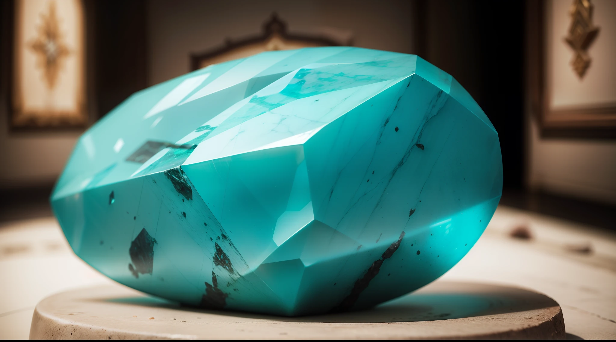 a precious stone, in turquoise color rare jewel, seen in a museum, only one stone
