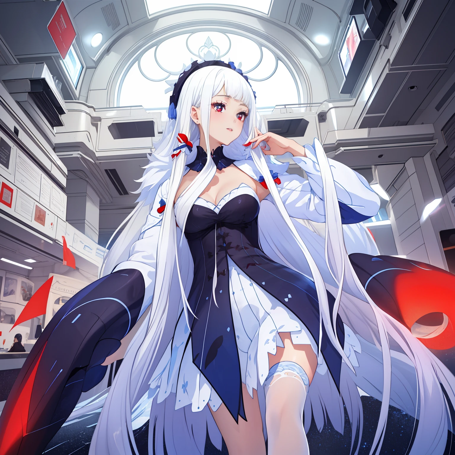 ((Best quality)), ((Masterpiece)), ((Ultra-detailed)), (illustration), (Detailed light), (An extremely delicate and beautiful), Dramatic perspective,A charming young girl,Long white hair,Red pupils,a blue dress,Half chest exposed,Long sleeves,white stockings