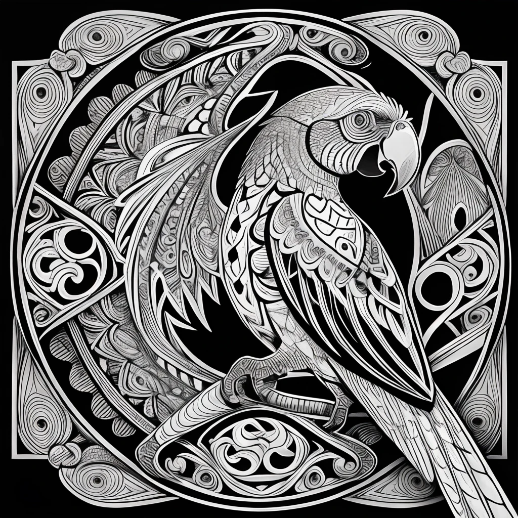 parrot, black and white, zentangle (best quality) ultra-detailed, fine line drawing, fine line art, coloring book illustration style, intricate linework, highly detailed illustration, perfect composition, beautiful and stunning, dynamic angle, high contrast, incredible shading, incredible detail, unique style, black and white details, (dark and mystical atmosphere), intricate and detailed nature elements.