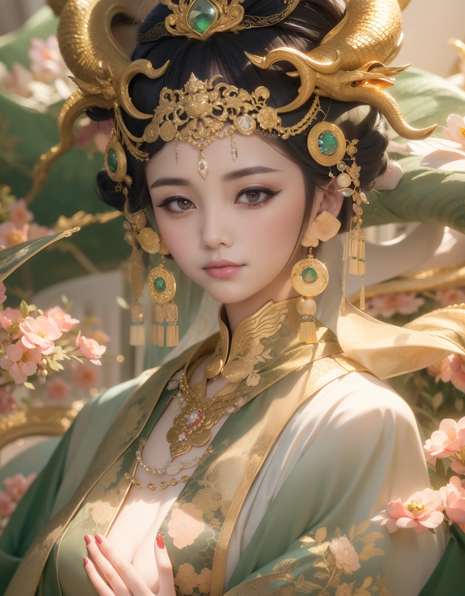 1 Empress of China, golden jewelery, ancient China, shiny fabrics, makeup, Masterpiece, Chinese Luxury, portraite of a, a closeup of a, jade, Ao fundo, You can see the Forbidden City, Dragon Spirit, radiance, shiny pollen, Elegantly, filigree, Cinematic, 4k