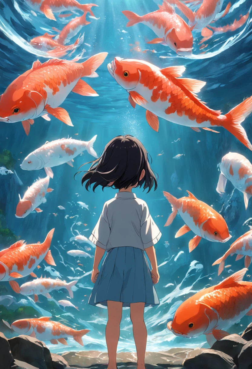 movie picture quality,Hayao Miyazaki animation,Miyazaki animation style,Miyazaki film animation,3D movies,China-style, girl with short braids standing in front of a huge koi,swell sea,depth of fields,high light,Real light,Ray traching,oc rendered,Hyper-realistic,best qualtiy,8K,Works of masters,super-fine,Detailed pubic hair,Correct anatomy,sharp focus on eyes,Bokeh,Facial features are carefully depicted