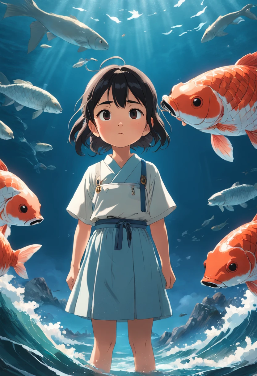 movie picture quality,Hayao Miyazaki animation,Miyazaki animation style,Miyazaki film animation,3D movies,China-style,Little girl with short braids standing in front of a huge koi,swell sea,depth of fields,high light,Real light,Ray traching,oc rendered,Hyper-realistic,best qualtiy,8K,Works of masters,super-fine,Detailed pubic hair,Correct anatomy,sharp focus on eyes,Bokeh,Facial features are carefully depicted