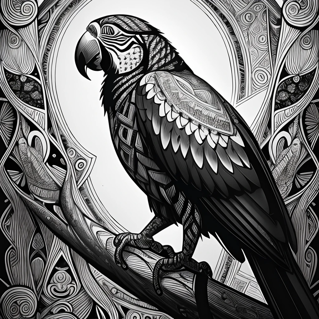 parrot, black and white, zentangle (best quality) ultra-detailed, fine line drawing, fine line art, coloring book illustration style, intricate linework, highly detailed illustration, perfect composition, beautiful and stunning, dynamic angle, high contrast, incredible shading, incredible detail, unique style, black and white details, (dark and mystical atmosphere), intricate and detailed nature elements.