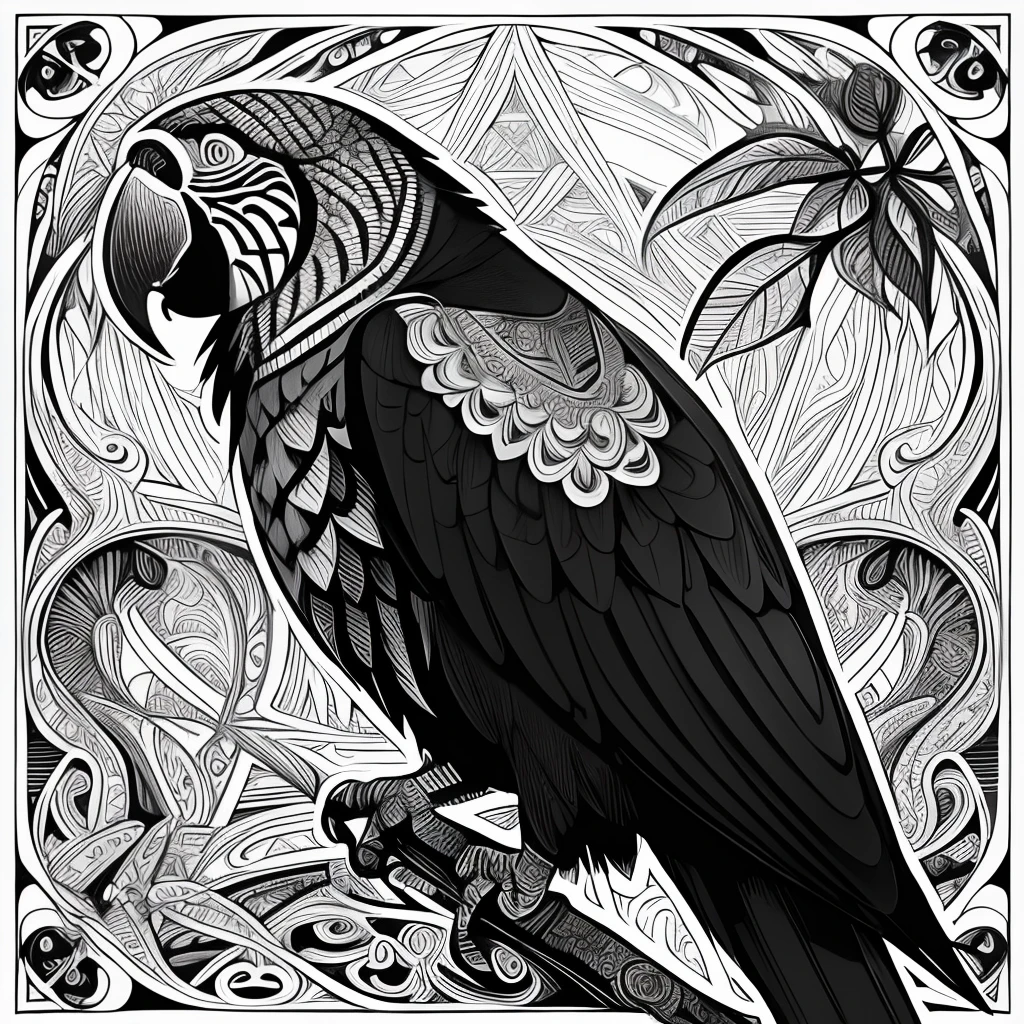 parrot, black and white, zentangle (best quality) ultra-detailed, fine line drawing, fine line art, coloring book illustration style, intricate linework, highly detailed illustration, perfect composition, beautiful and stunning, dynamic angle, high contrast, incredible shading, incredible detail, unique style, black and white details, (dark and mystical atmosphere), intricate and detailed nature elements.