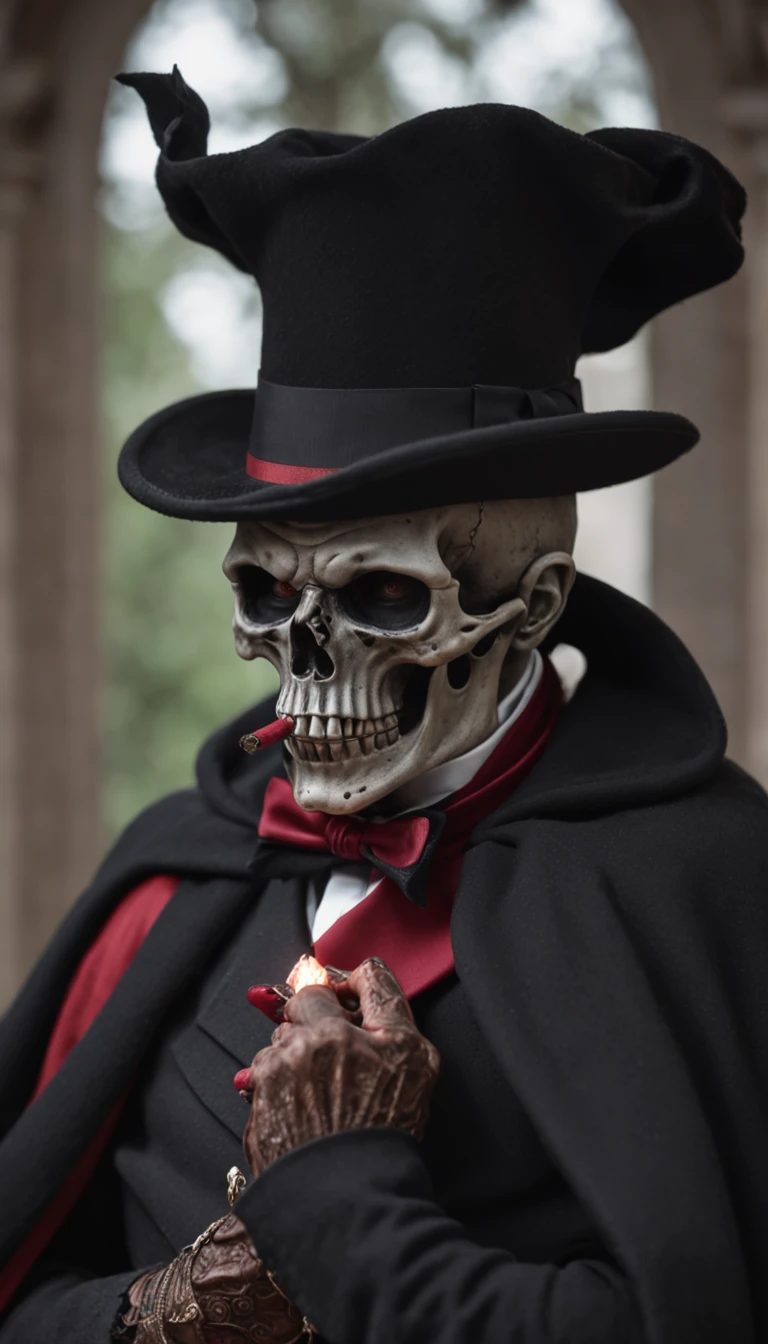 a skull-man, he is dressing a black cape and smoking a cigar, he wears a hat, he is classy, the background is a cemetery with bats and red candles, all the colors are black and red