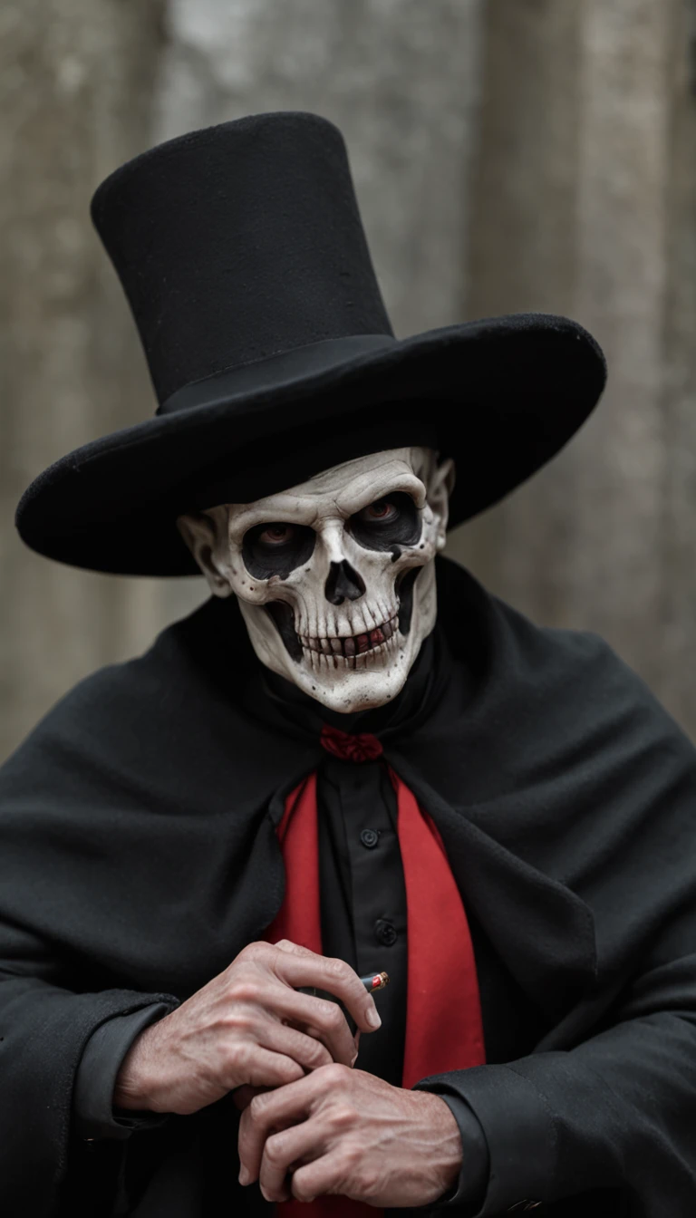 a skull-man, he is dressing a black cape and smoking a cigar, he wears a hat, he is classy, the background is a cemetery with bats and red candles, all the colors are black and red