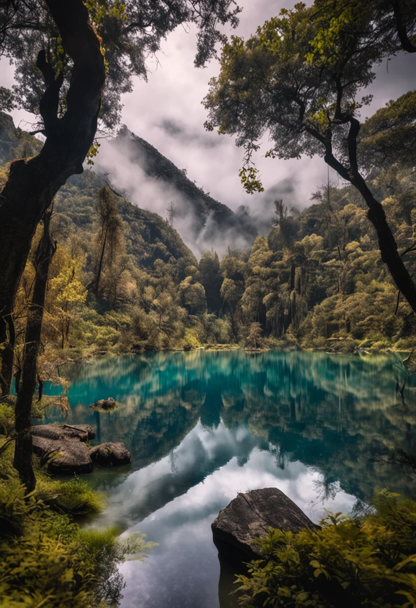 (Light magic:1.2), (Grim:1.1) forest, springtime,Yunnan, (Intricate details), A mirror-like lake,(ultra - detailed), 8k hdr, high detal, A lot of detail, High quality,Tyndall effect, (Colored:1.3)