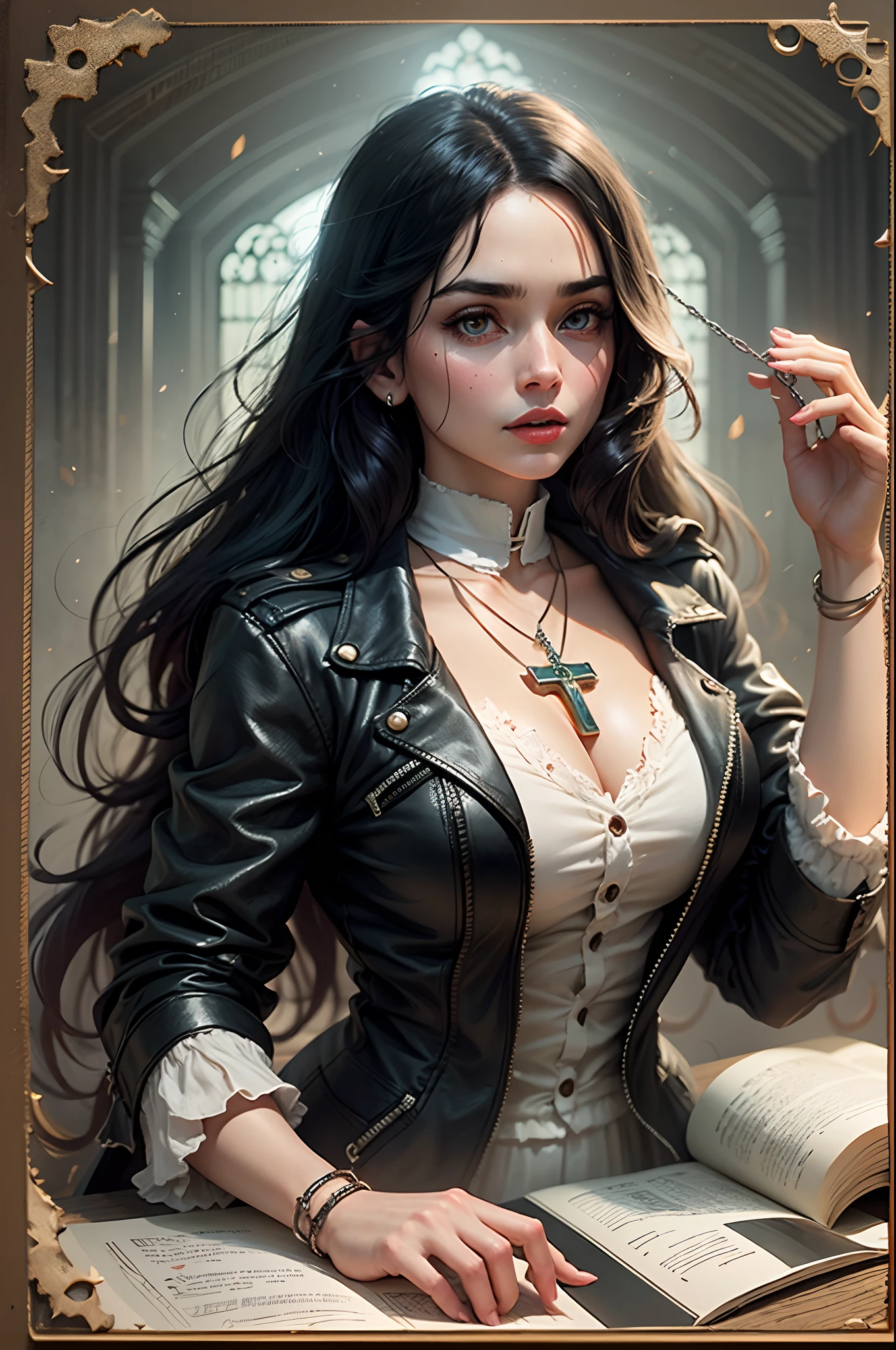 Call of Cthulhu, female, 1920s, role-playing character, missionary, Catholic, with crucifix necklace, long black hair, dark eyes --auto --s2