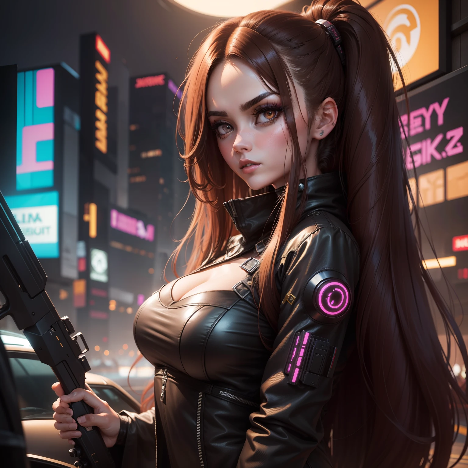 Sexy woman with long hair in bright brown color and big eyes with long lashes is dressed as cyberpunk