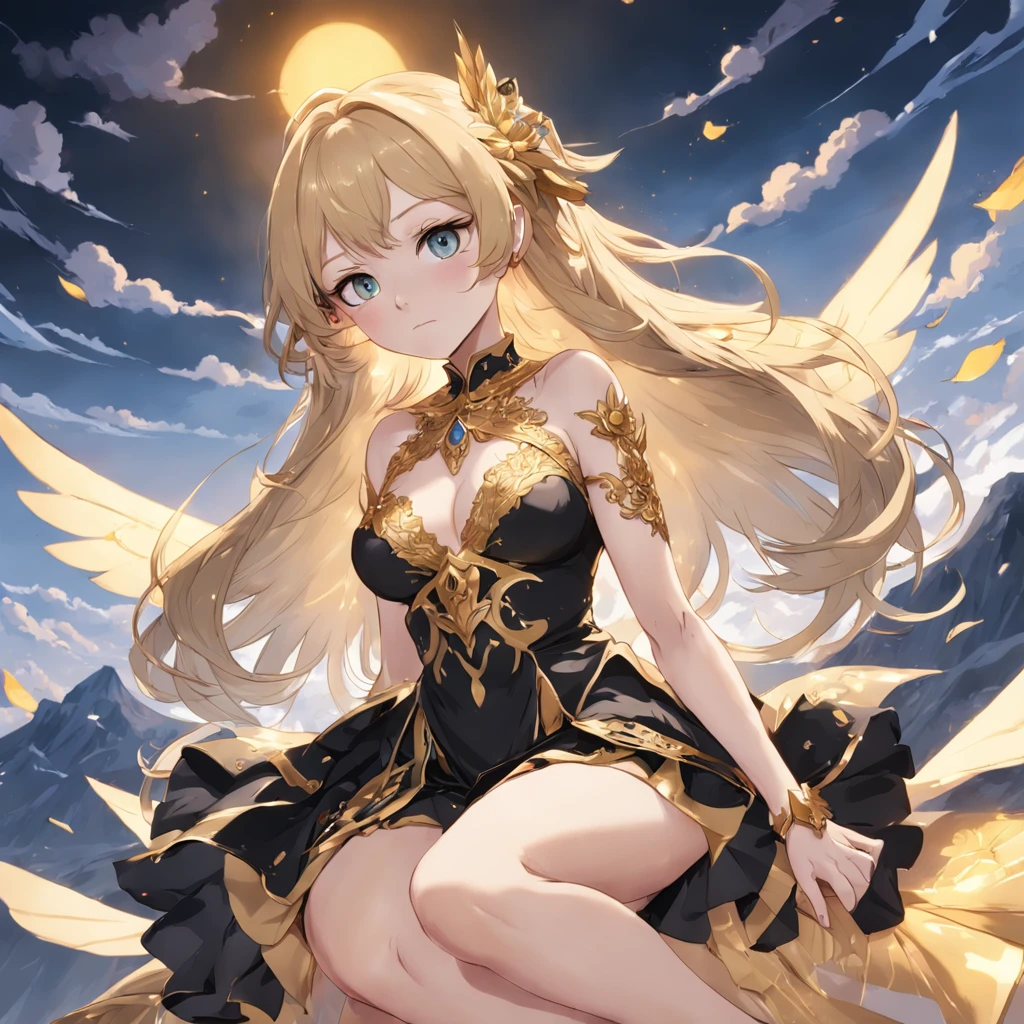 ((masterpiece)), (((best quality))), ((ultra-detailed))(a mature female:1.30),slim legs, black 🧦,(beautiful dress with golden trim),hair flower,(✋),medium breasts,(lie down),earing ,(genshin impact),(large view:1.2),(yellow moutains),🍂,golden sky,(randomly cloudy:0.93),(magnificent 🪵 🏘:1.4),(randomly white birds:0.98),(river),((illustration)),((disheveled hair)),(bright background),