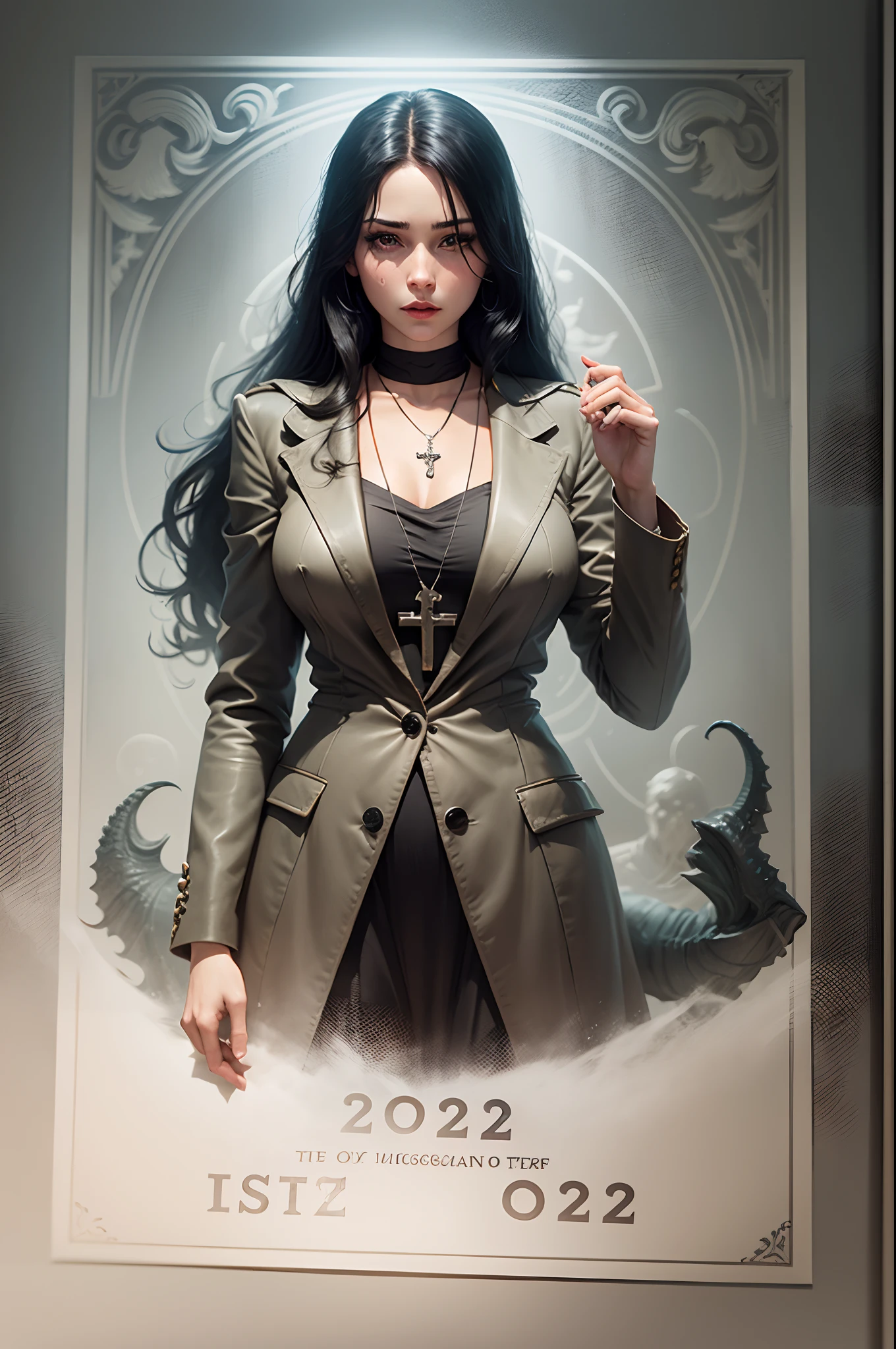 Call of Cthulhu, female, 1920s, role-playing character, missionary, Catholic, with crucifix necklace, long black hair, dark eyes --auto --s2