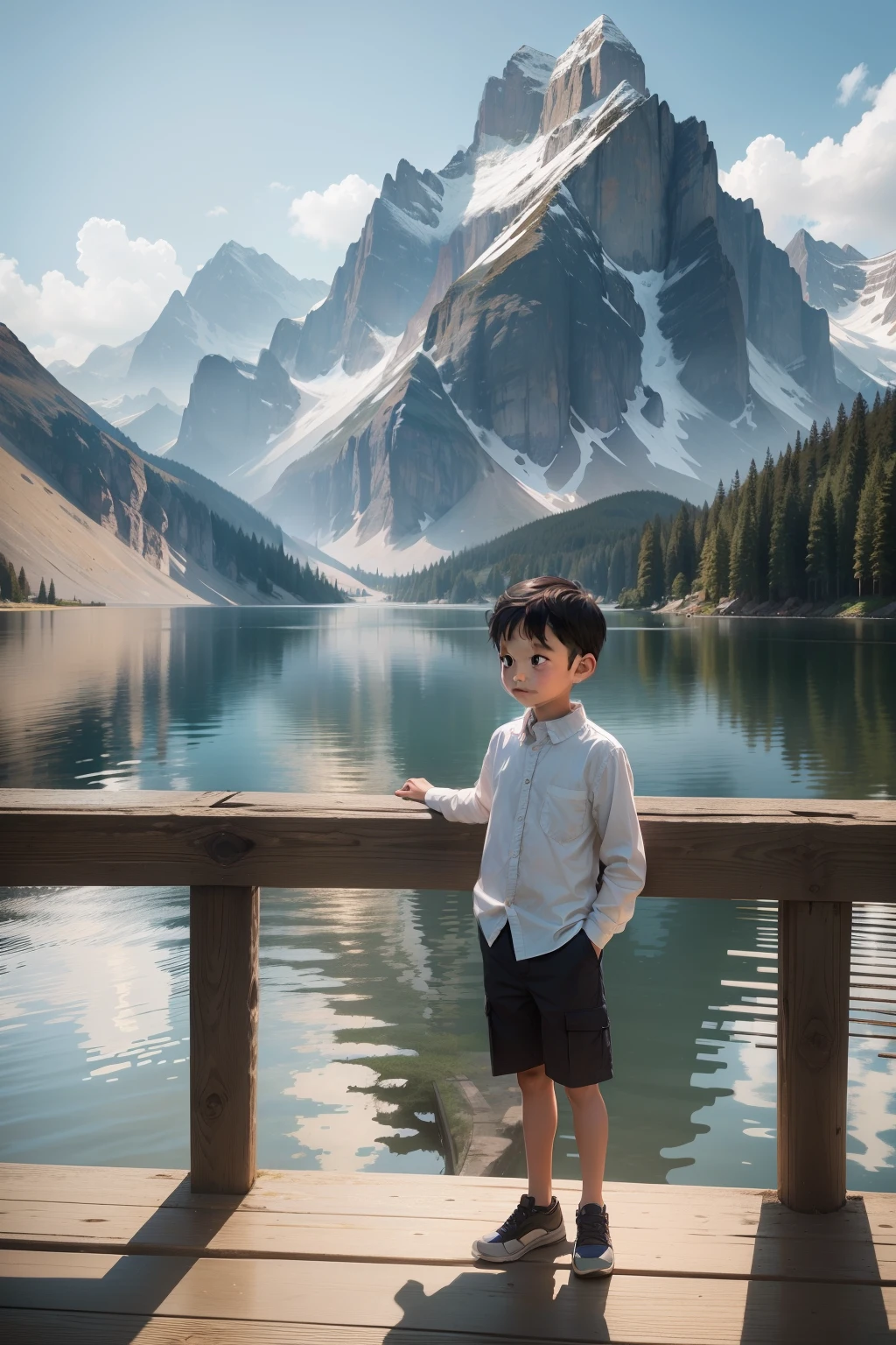 On the wooden railing by the lake stood a handsome with a tall nose approaching the lake, with the mountains in the background