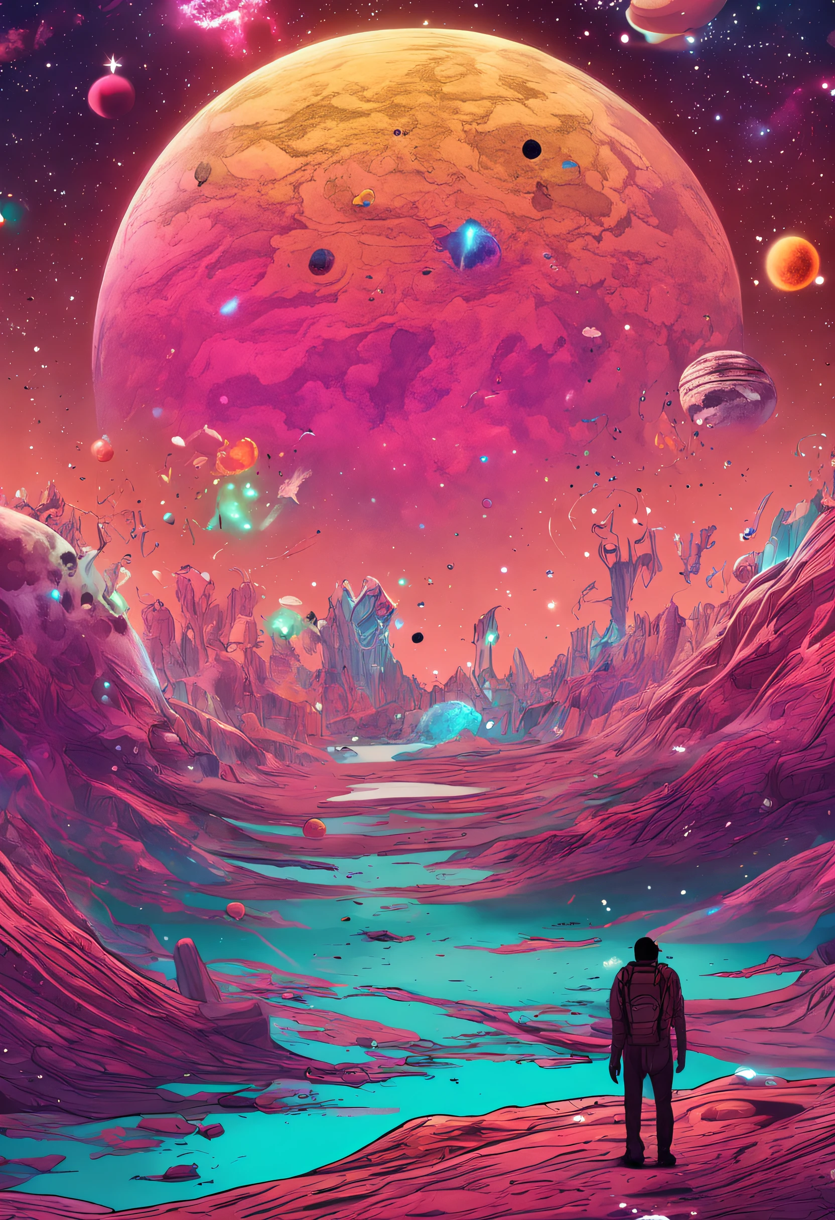 Create an NFT with the following characteristics:
title: "A Cosmic Day"
A digital artwork that represents an epic journey through the cosmos, com cores vibrantes e detalhes intrincados.