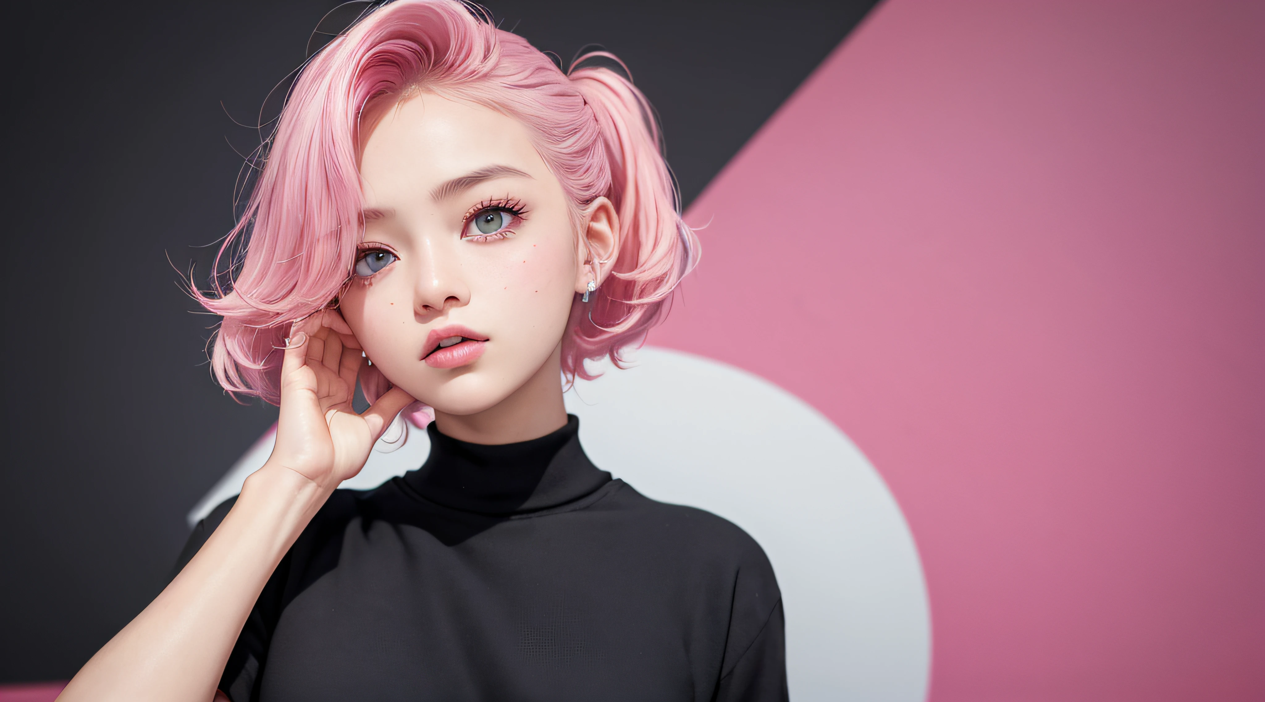 8k,masterpiece,best quality,1 prefect girl,upper body,pink random hairstyle,bright eyes,casual street wear,simple black and pink background,