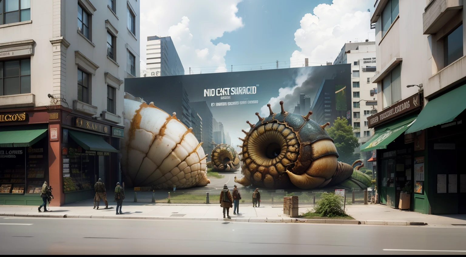 Giant snails attack big cities,Above billboards on the wall, The doorways of the shops on the street are densely packed with huge snails,Leaves traces of mucus,Realistic cinematic effects,detail-rich,realisticlying
