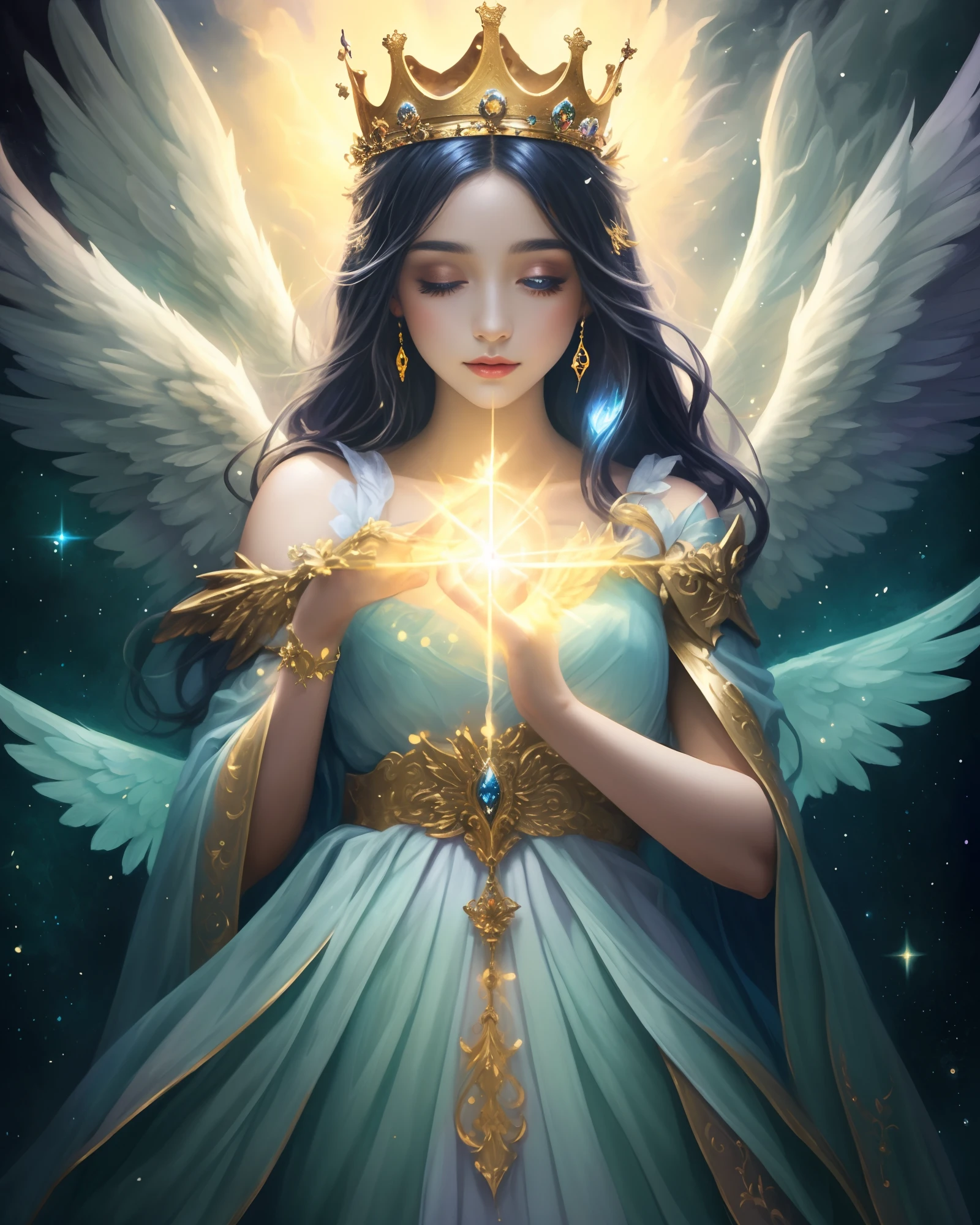 masterpiece, ultra wide shot, a woman with beautiful wings and a crown holding a star, glowing angelic being, ethereal angelic being of light, beautiful angel, of beautiful angel, beautiful female angel, angelic light, goddess of light, beautiful fantasy art, portrait of a beautiful angel, angel spirit guide, very beautiful fantasy art, detailed fantasy digital art, high quality fantasy art, digital fantasy art ), volumetric lighting, Canon 2000D,UHD