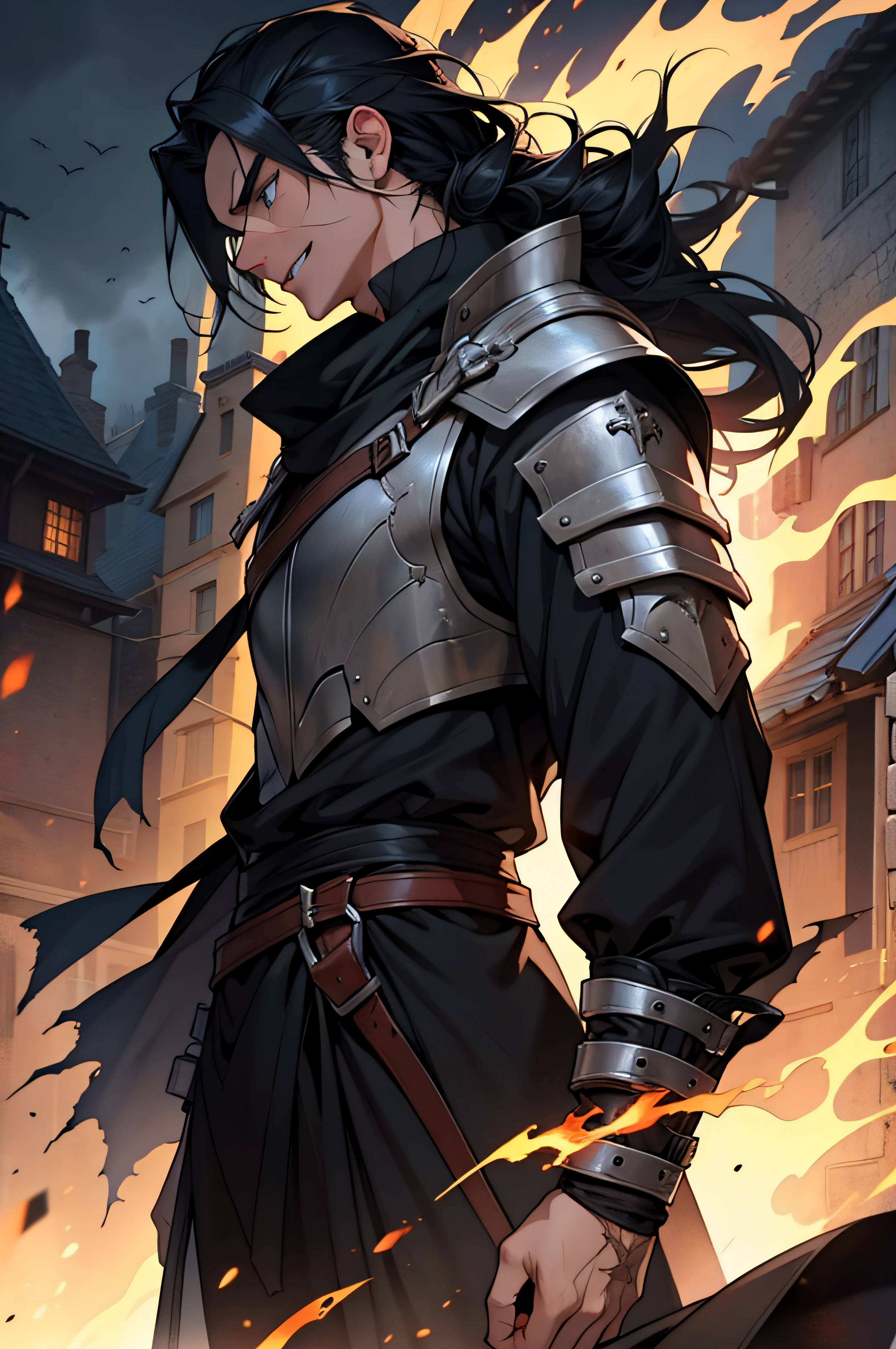 a young man with long straight black hair, male, with blue eyes and insane countenance, with a shiny black scar on his right arm, scar on the side of his right eye, a fire prosthesis on his right arm, using powers, fire powers , Medieval village neutral atmosphere position. with nosebleed, insane smile. tattered clothing, metal shoulder pads, pure vessel style clothing, torn cloak