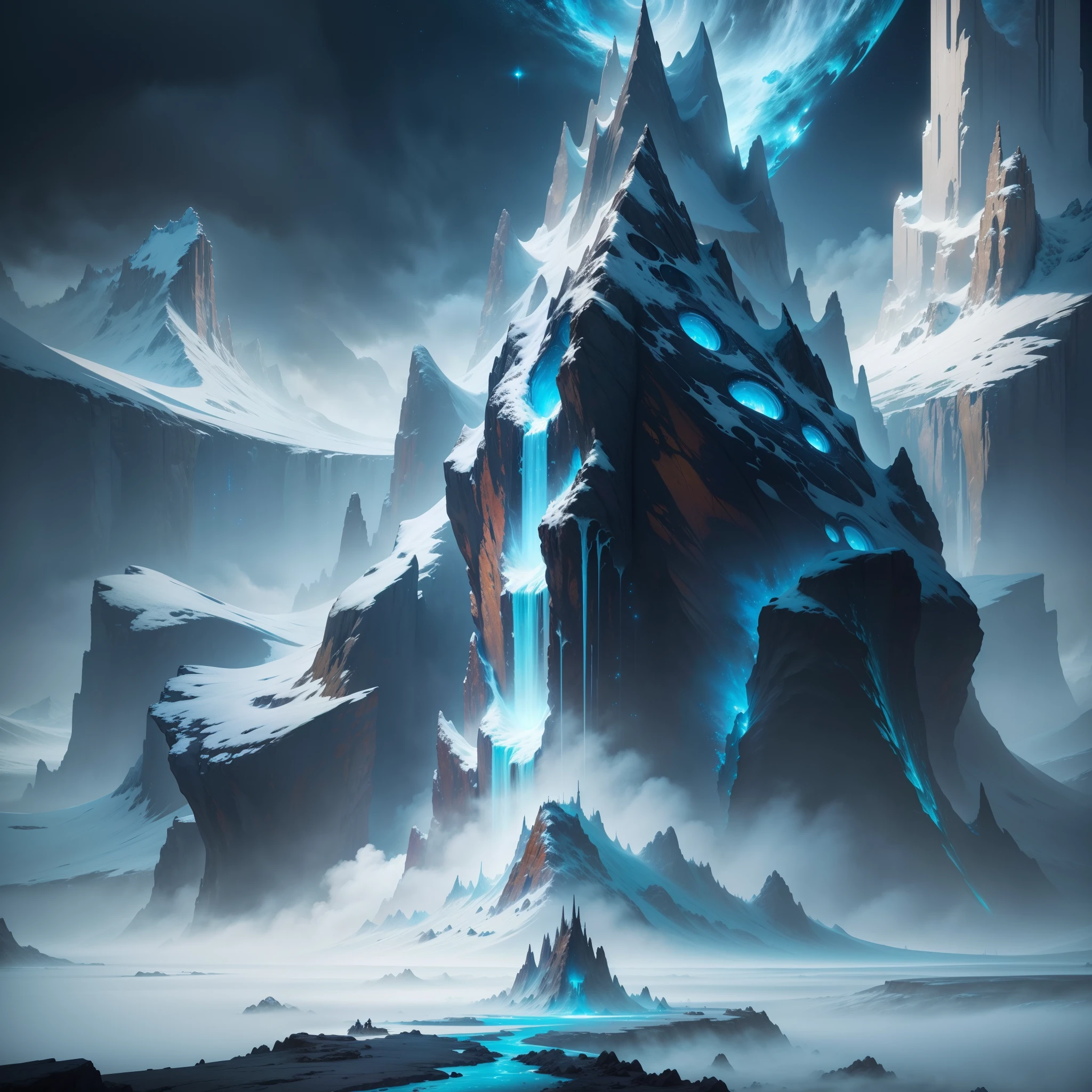 A new world of icy landscapes, Fantastic creatures and spaceships in the sky, spaces, Inception, Science fiction, 4K, High quality, Unreal Engine, Fantasy Art ,Clean design, epic instagram, art stations, Splash of colorful paint, contour lines, hyperdetailed intricately detailed, Unreal Engine, Fantastical, intricate detailes, Splash Screen, Complementary color scheme, Fantasy concept art, 8K resolution, deviantart masterpiece, Oil Painting, heavy strokes, Paint Drip