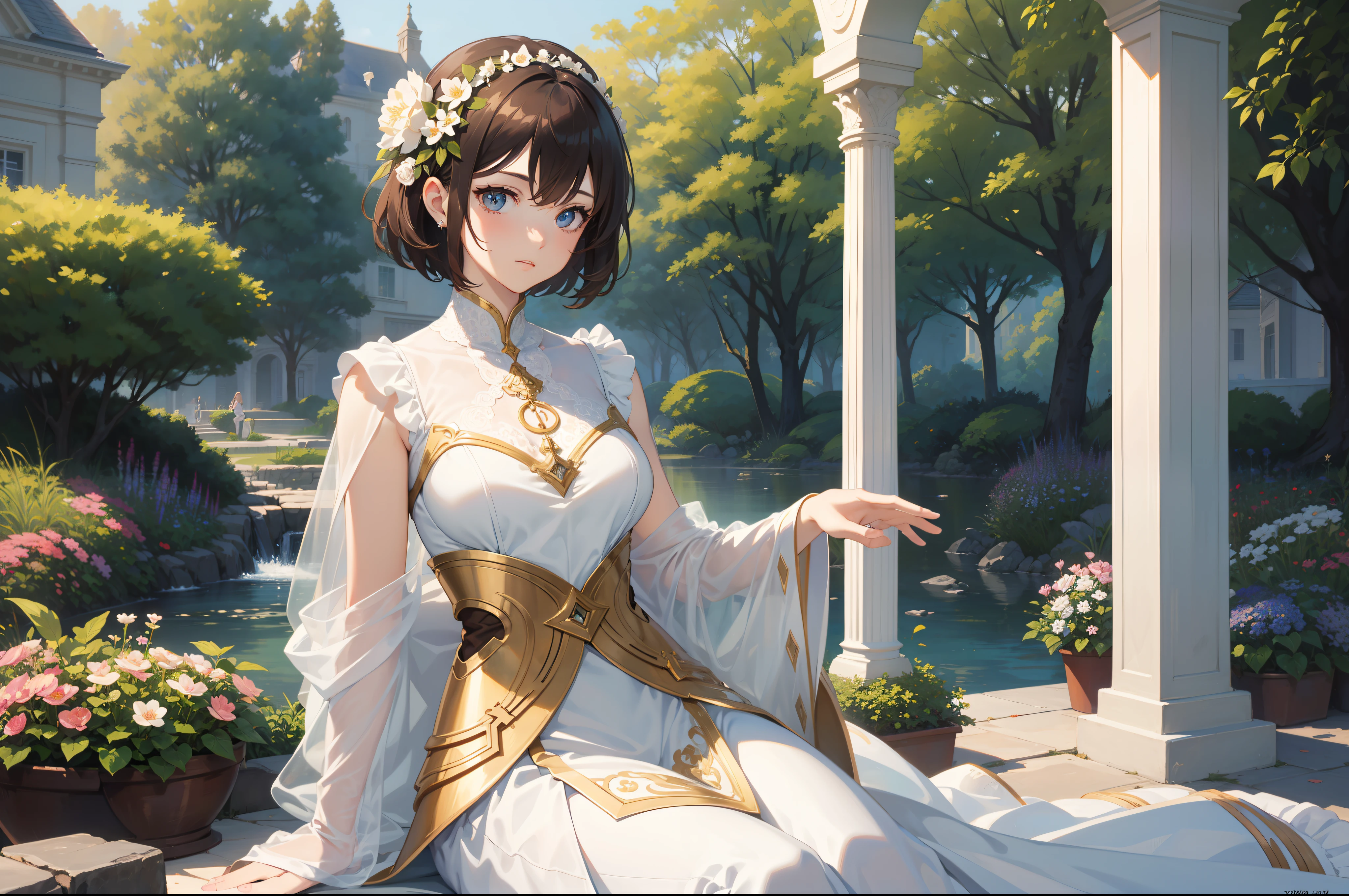 Official Art, Masterpiece European female, elvish, short hair, pale brown hair , brown eyes, (​masterpiece、top-quality、hight resolution: 1.4),in 8K, Drawing of a woman with short pale brown hair, Anime Art Nouveau, highly detailed exquisite fanart, anime fantasy illustration, clean detailed anime art, detailed anime art, Sharp Focus, Delicate Beautiful Hair and Eyes and Face, realisitic, ultra-detailliert, flower garden,