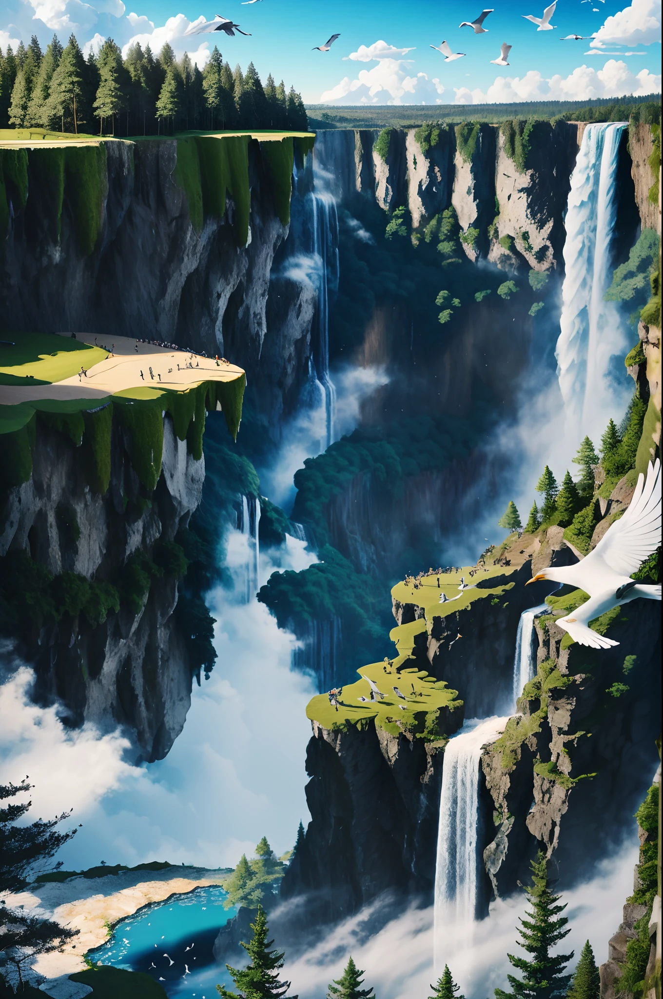 Flying on the cliff, above the very high waterfall, look down on the fluctuating pond, high sunlight, blue sky, white cloud, birds, forest, trees, 8K, masterpiece, best quality, high resolution, extremely full detailed