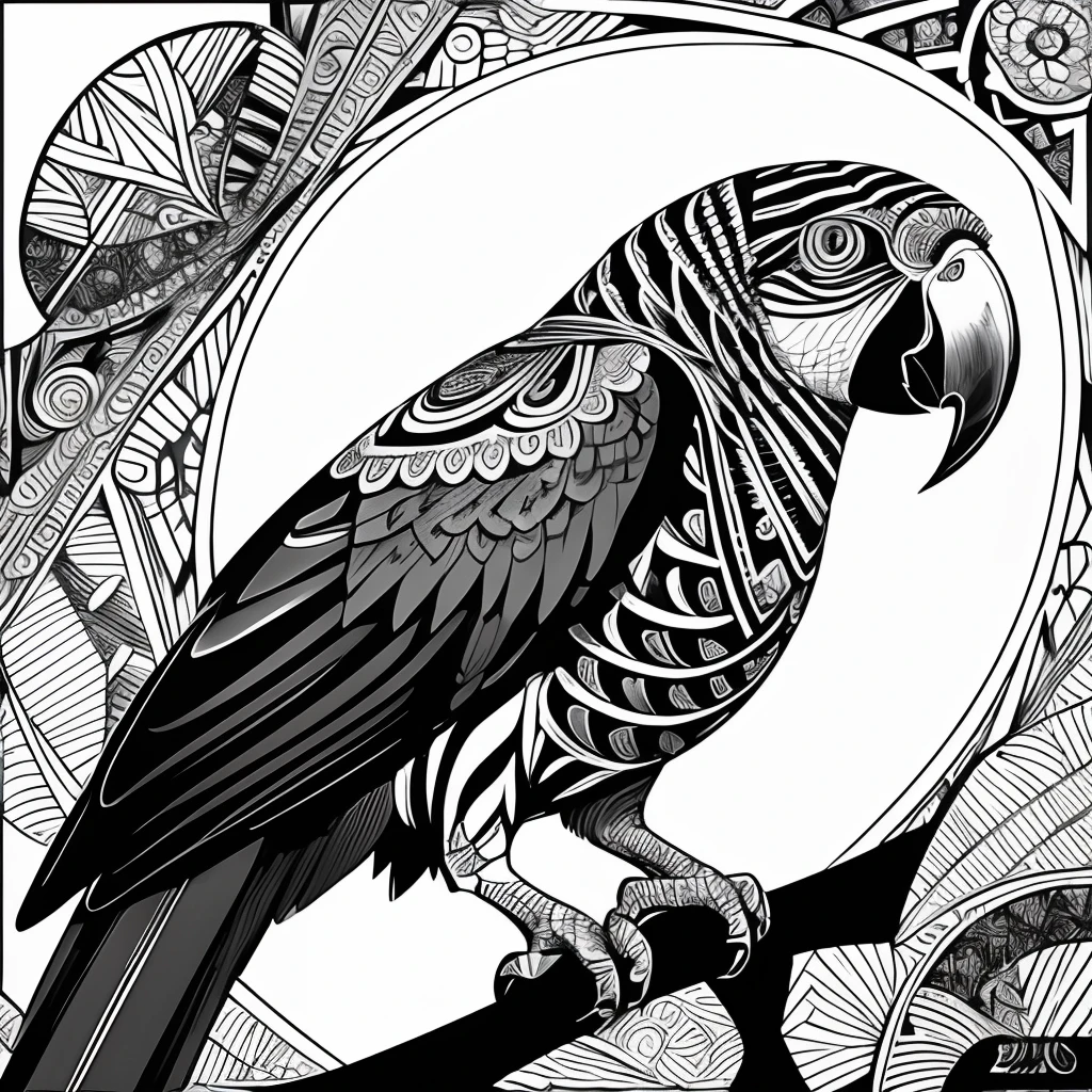 parrot, black and white, zentangle (best quality) ultra-detailed, fine line drawing, fine line art, coloring book illustration style, intricate linework, highly detailed illustration, perfect composition, beautiful and stunning, dynamic angle, high contrast, incredible shading, incredible detail, unique style, black and white details, (dark and mystical atmosphere), intricate and detailed nature elements.