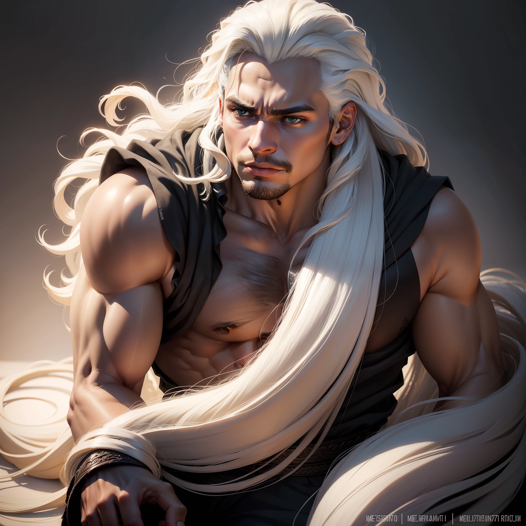 (melhor qualidade, retrato perfeito), homem de cabelo branco curto raspado , pele negra resistente, semelhante aos Targaryen.