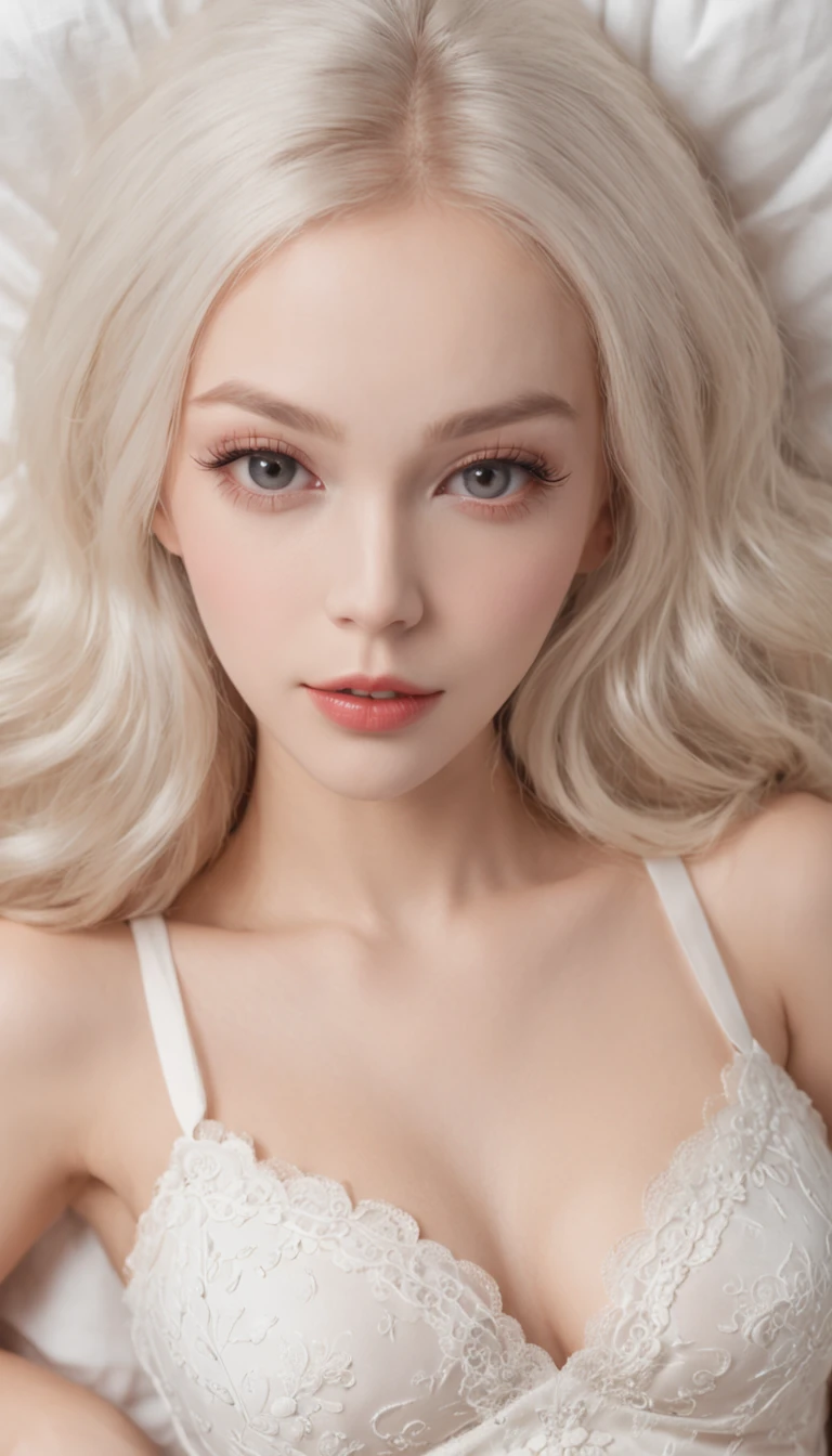 Full body portrait of a beautiful Russian girl,She sat on the bed,facing to audience,Reveals slender legs,A delicate round face,of long curly white hair,exquisite facial features,watery big eyes,Perfect double eyelids,Seductive red lips,Perfect lip shape,Perfect eyebrow shape,Smiling reveals two small dimples,She has a perfect figure,Glowing fair skin,She wears a delicate bra,Exposes the delicate collarbone,Pure lust,White sheets,Fluffy white pillows,8K distribution rate,ultra-clear,detail-rich,Works of masters,Highly realistic,album covers,classicism,high detal
