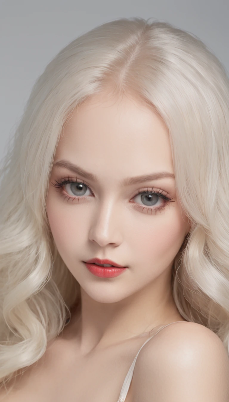 Full body portrait of a beautiful Russian girl,She sat on the bed,facing to audience,Reveals slender legs,A delicate round face,of long curly white hair,exquisite facial features,watery big eyes,Perfect double eyelids,Seductive red lips,Perfect lip shape,Perfect eyebrow shape,Smiling reveals two small dimples,She has a perfect figure,Glowing fair skin,She wears a delicate bra,Exposes the delicate collarbone,Pure lust,White sheets,Fluffy white pillows,8K distribution rate,ultra-clear,detail-rich,Works of masters,Highly realistic,album covers,classicism,high detal