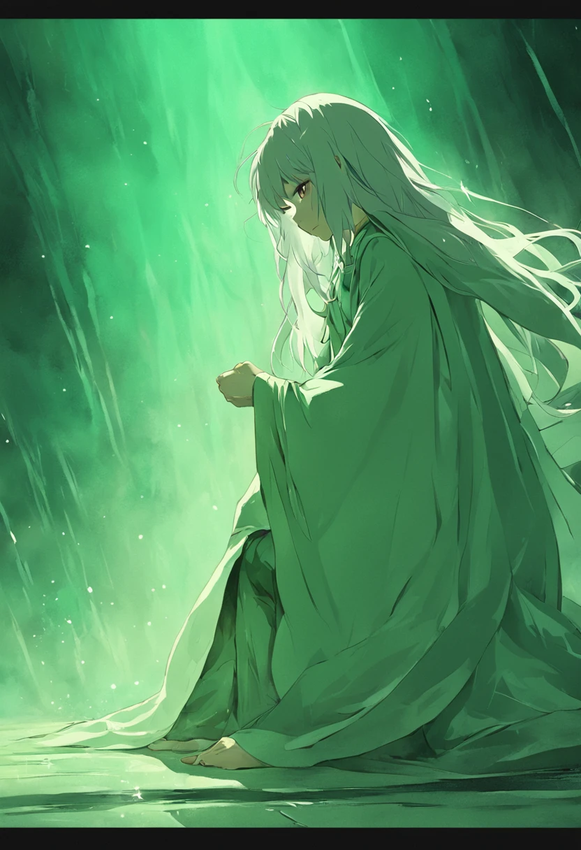 In the desert shrouded in green mist,A white-haired girl in a white cloak knelt on the ground