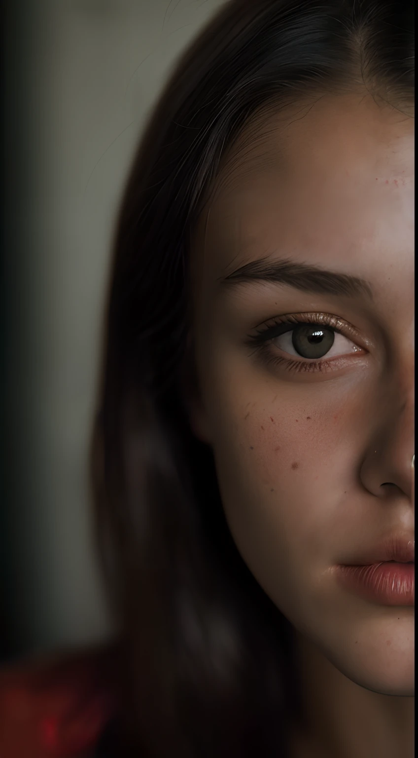 (close-up, editorial photograph of a 21 year old woman), (highly detailed face:1.4) (frowning :0.7) (background inside dark, moody, private study:1.3) POV, by lee jeffries, nikon d850, film stock photograph ,4 kodak portra 400 ,camera f1.6 lens ,rich colors ,hyper realistic ,lifelike texture, dramatic lighting , cinestill 800,
