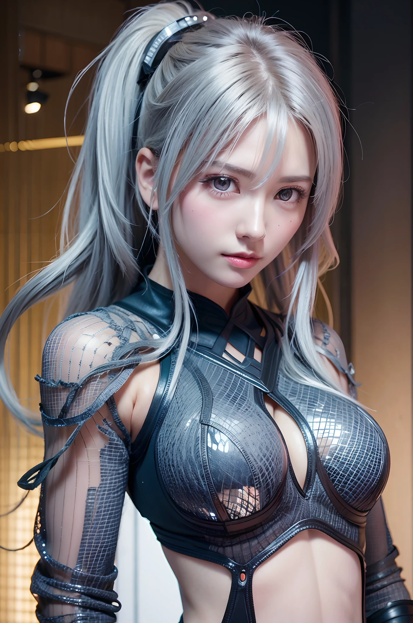 (Best quality, Ultra-detailed, photo-realistic:1.37), Silver-haired woman, nsfw, (big breast:1.5), nipples, Fantastic blue eyes, (smiling broadly), Soft lighting, pink apron, illustration, bangs, Flowing hair, Gentle breeze, Shiny hair, Close-up of black stockings, mitts, Gradient hair, folded ponytail, blue halo, Glowing eyes, Wide eyes, drunk, Anime style, shadowing, back lit lighting, macro photograph, Close-up, first person perspective, head out of frame, hyper HD, High details, Best quality