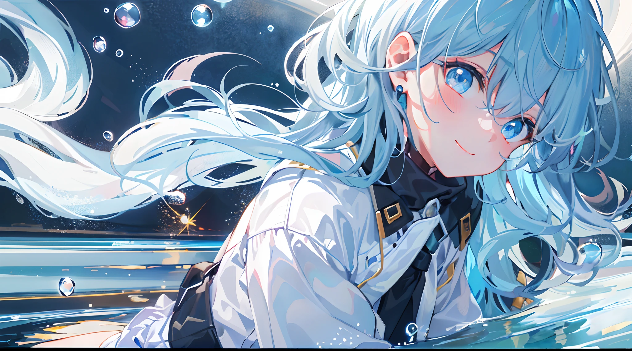 ((top-quality)), ((masterpiece)), ((ultra-detailliert)), (extremely delicate and beautiful), girl with, 独奏, cold attitude,((Black jacket)),She is very(relax)with the(Settled down)Looks,A dark-haired, depth of fields,evil smile,Bubble, under the water, Air bubble,bright light blue eyes,Inner color with light blue hair and dark blue tips,Cold background,Bob Hair - Linear Art, shortpants、knee high socks、White uniform like school uniform、Light blue ribbon ties、Clothes are sheer、Hands in pockets