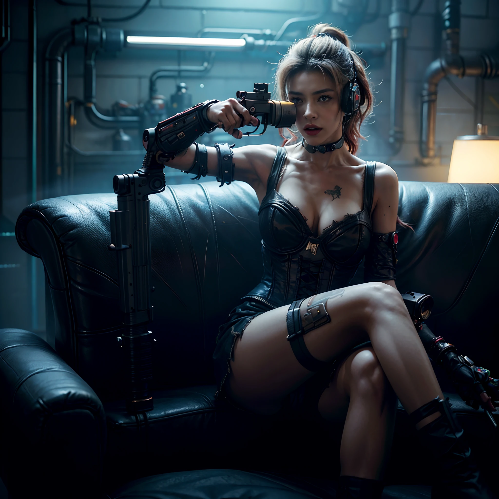araffe woman in a corset sitting on a couch with a gun, cyberpunk angry gorgeous goddess, cyberpunk style, rococo cyberpunk, seductive cyberpunk dark fantasy, cyberpunk 2 0 y. o model girl, cyberpunk aesthetics, cyberpunk girl, has cyberpunk style, beautiful cyberpunk woman model, cyberpunk horror style, cyberpunk photo, in cyberpunk style, cyberpunk art style, style of cyberpunk