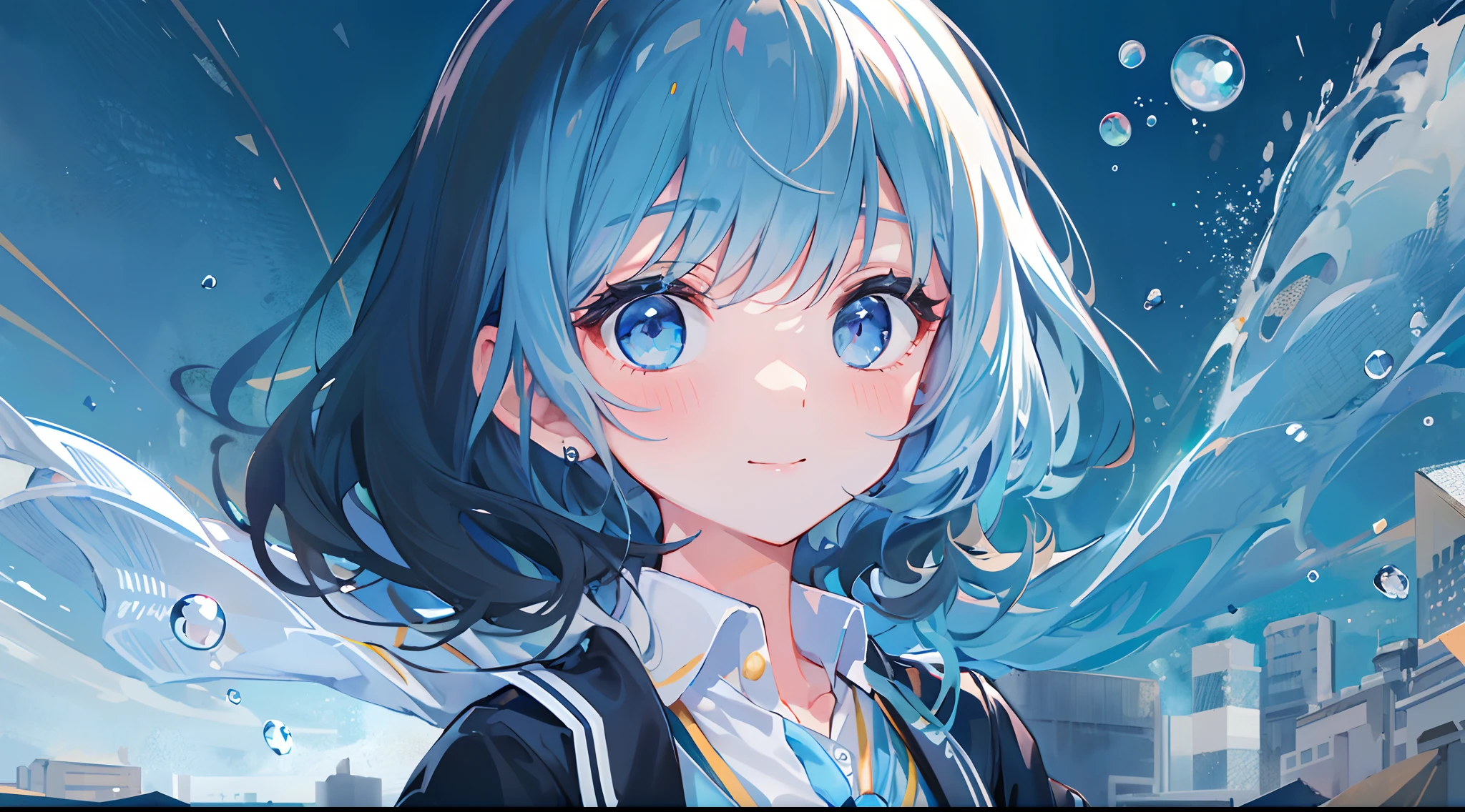((top-quality)), ((​masterpiece)), ((ultra-detailliert)), (extremely delicate and beautiful), girl with, 独奏, cold attitude,((Black jacket)),She is very(relax)with  the(Settled down)Looks,A dark-haired, depth of fields,evil smile,Bubble, under the water, Air bubble,bright light blue eyes,Inner color with light blue hair and dark blue tips,Cold background,Bob Hair - Linear Art, shortpants、knee high socks、White uniform like school uniform、Light blue ribbon ties、Clothes are sheer、Hands in pockets