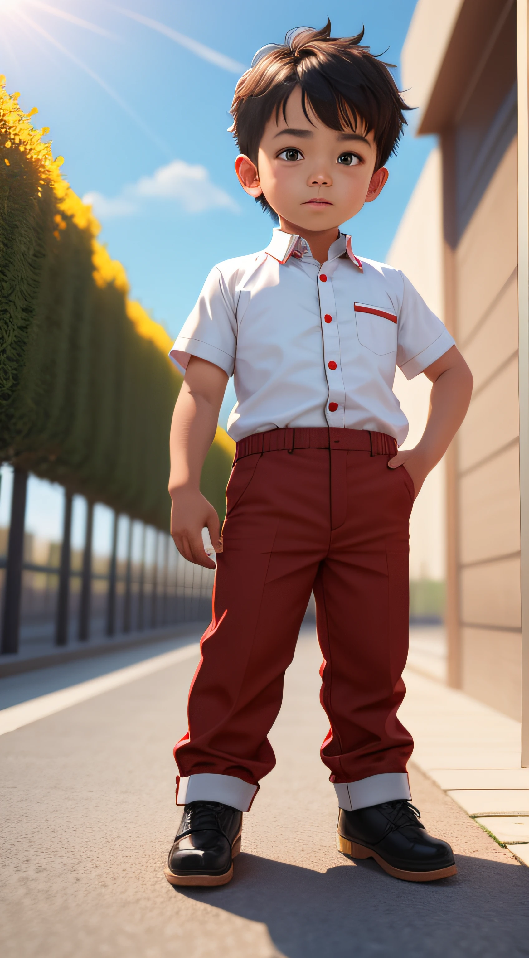 Funny little boy full body, 3d rendering, 8K, handsome, sunlight, shadow. Wear kemeja merah, celana panjang hitam