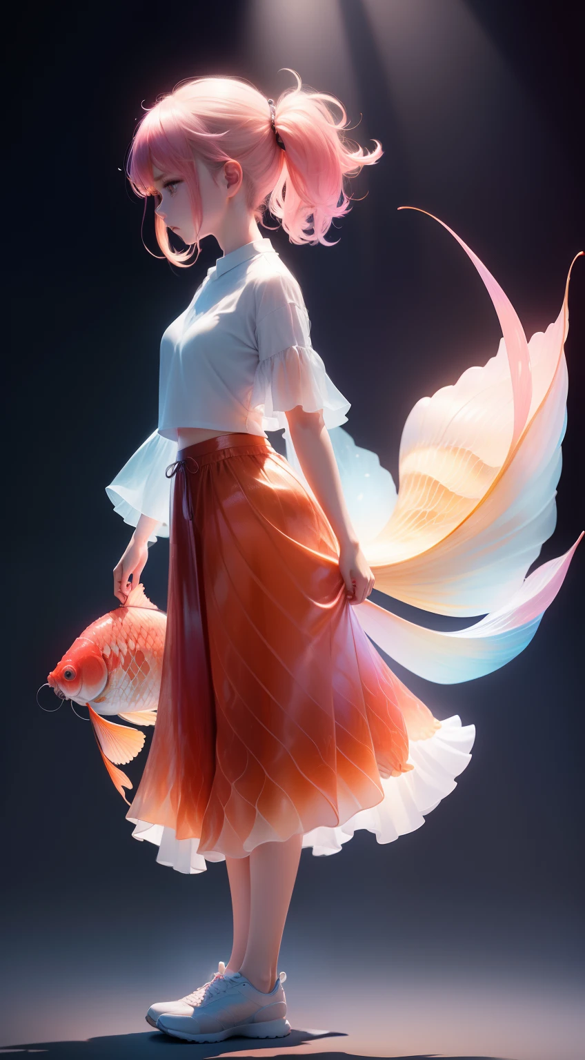 A girl,(((carp))),Long skirt,Irridescent color, The gradient is translucent, transparent glass texture, Irridescent color, Designed by Dietrams, Simple, Glows in high detail, white backgrounid, C4D, OC renderer, Clean shadows, 4K
