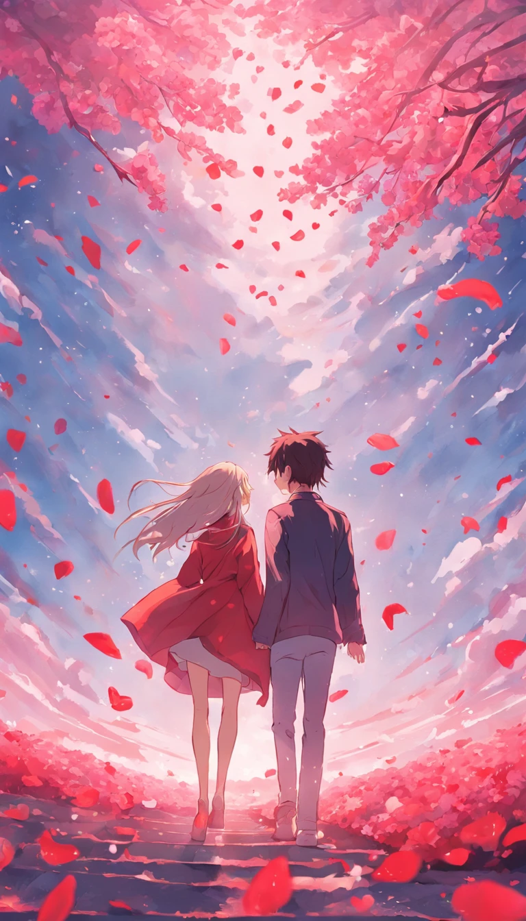 In a romantic atmosphere,couple cuddling,Stroll through the Sea of Roses,Under the blue sky and white clouds,Feel the romantic theme of Valentine's Day。
