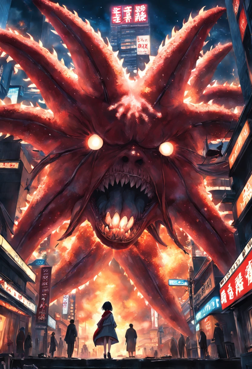 movie picture quality，Real Photographics，Hyper-realistic，scary movie lighting，Look down from the sky，（Super giant starfish：1.5），Extremely large，blood vess，frotting，Murderous，Raging in Tokyo, Japan，（Destroyed buildings：1.4），Collapsed walls，fire glow，The frivolous clown kimono Japanese are on the run，depth of fields，high light，Real light，Ray traching，oc rendered，Hyper-realistic，best qualtiy，8K，Works of masters，super-fine，Detailed pubic hair，Correct anatomy，sharp focus on eyes，Bokeh，Facial features are carefully depicted
