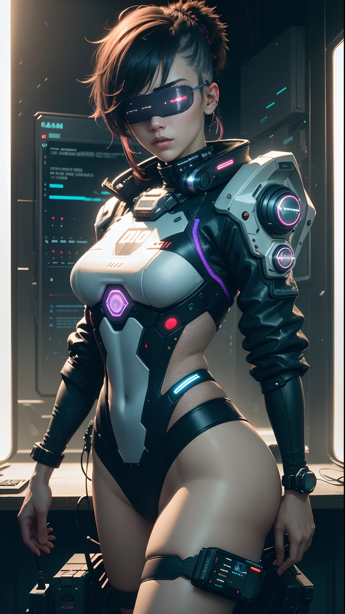 ((Best Quality)), ((Masterpiece)), (Very detailed:1.3), 3D, Beautiful (Cyberpunk:1.3) Female hacker, Mohican hairstyle, back to viewer, thick hair, operating computer terminal, head-mounted display, computer server, LCD screen, fiber optic cable, company logo, HDR (high dynamic range), ray tracing, nvidia RTX, super resolution, Unreal 5, subsurface scattering, PBR texture, post-processing, anisotropic filtering, depth of field, Maximum sharpness and sharpness, multi-layered textures, albedo and highlight maps, surface shading, accurate simulation of light-material interactions, perfect ratios, octane rendering, duotone lighting, low ISO, white balance, rule of thirds, wide aperture, 8K RAW, efficient sub-pixels, subpixel convolution, luminous particles, dynamic pose