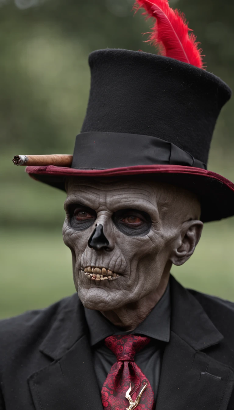 a skull-man, he is dressing a black cape and smoking a cigar, he wears a hat, he is classy, the background is a cemetery with bats and red candles, all the colors are black and red